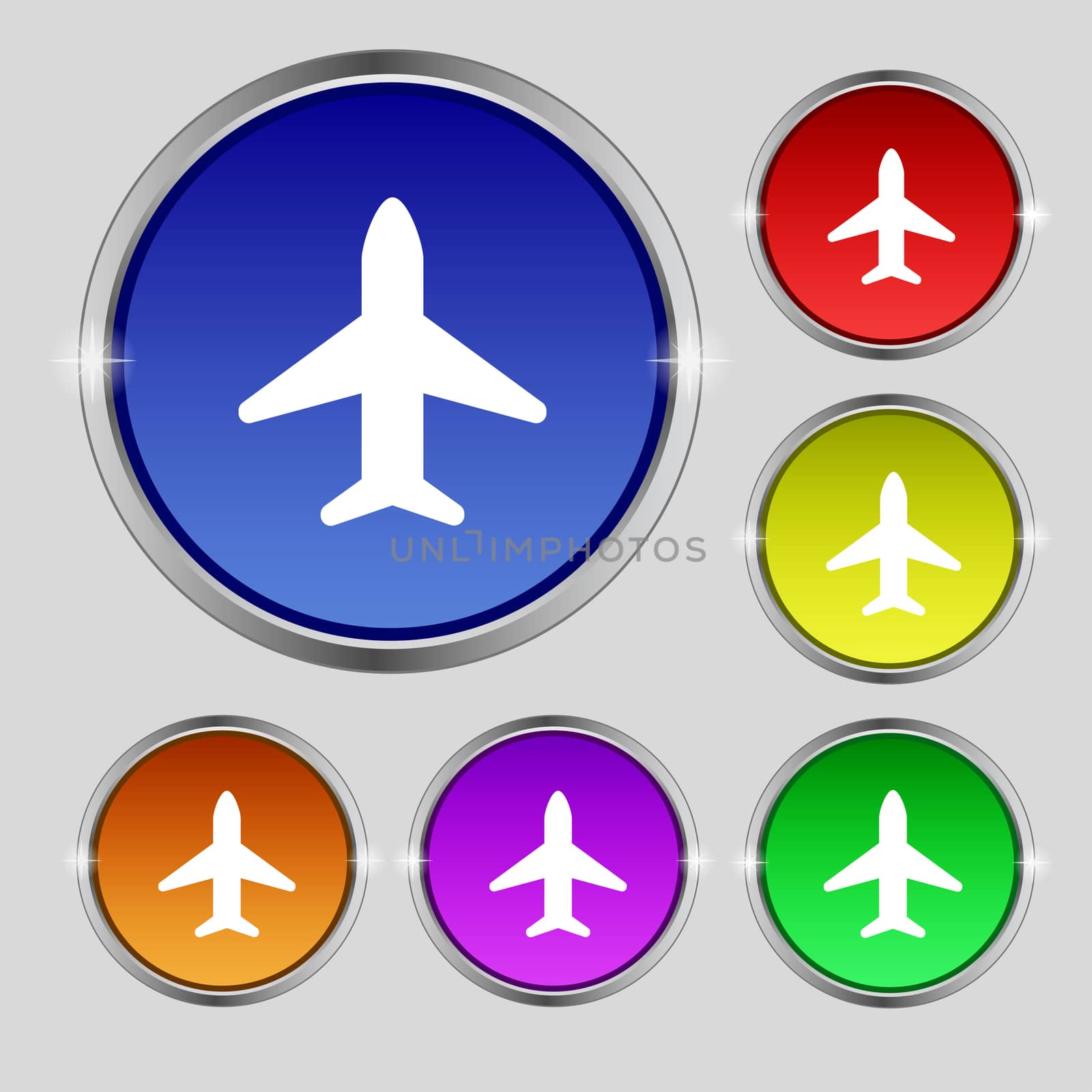 Airplane, Plane, Travel, Flight icon sign. Round symbol on bright colourful buttons. illustration