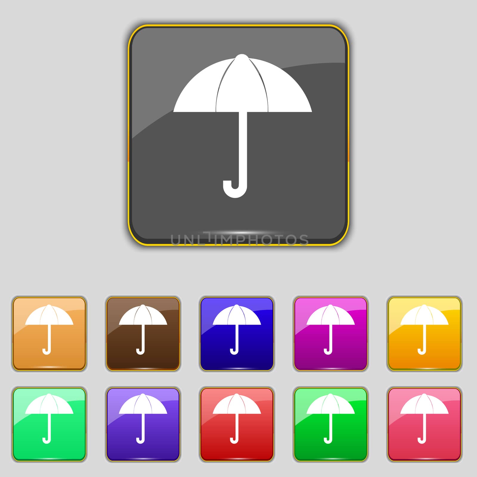 Umbrella sign icon. Rain protection symbol. Set colourful buttons. illustration