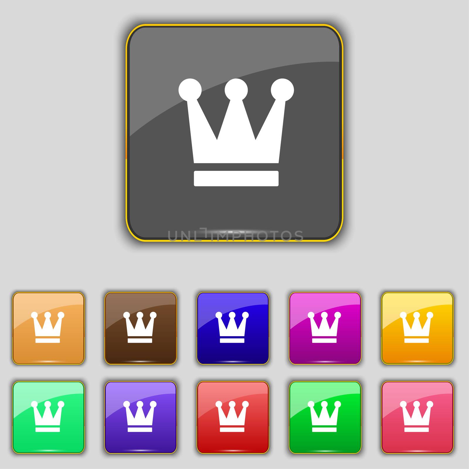 King, Crown icon sign. Set with eleven colored buttons for your site. illustration