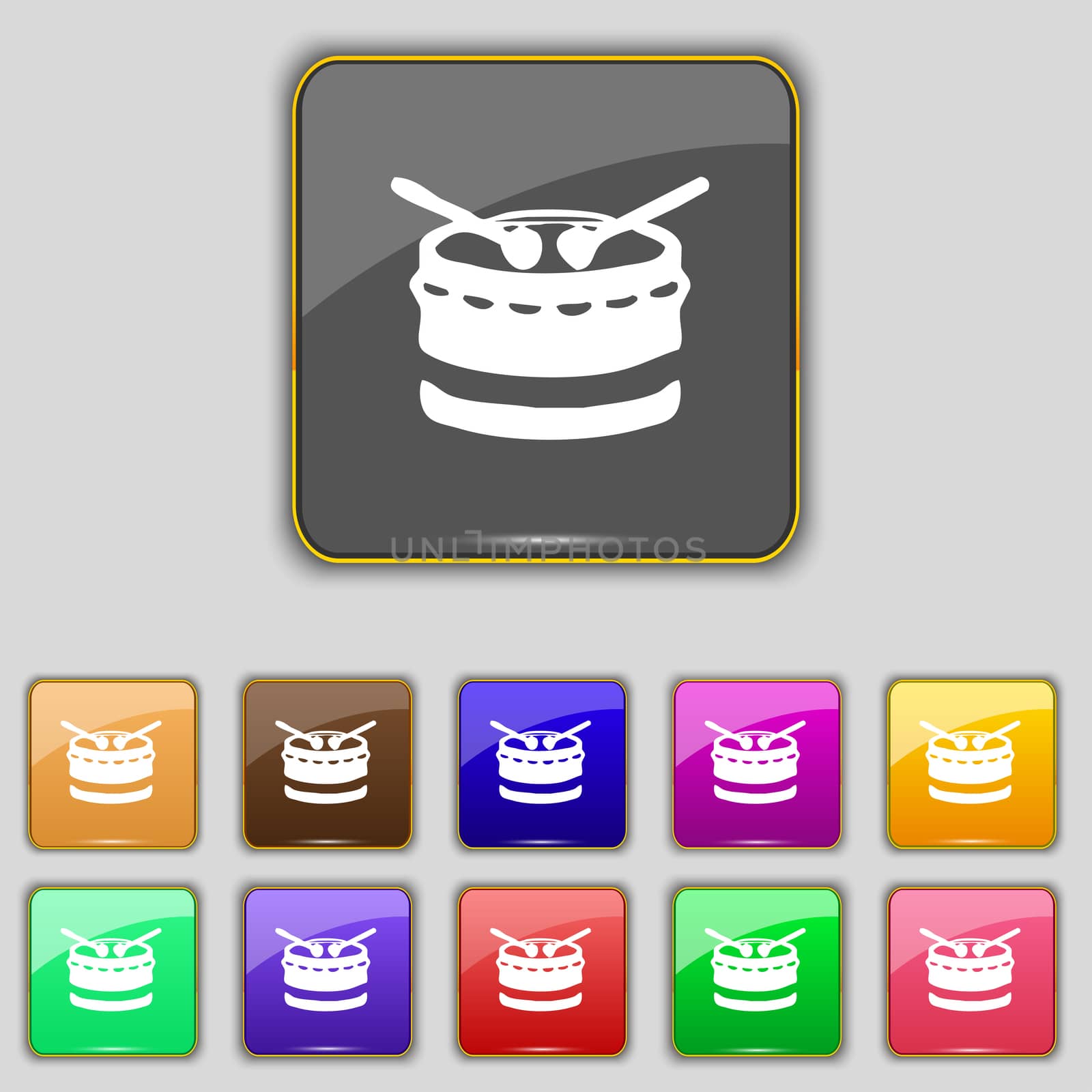 drum icon sign. Set with eleven colored buttons for your site. illustration