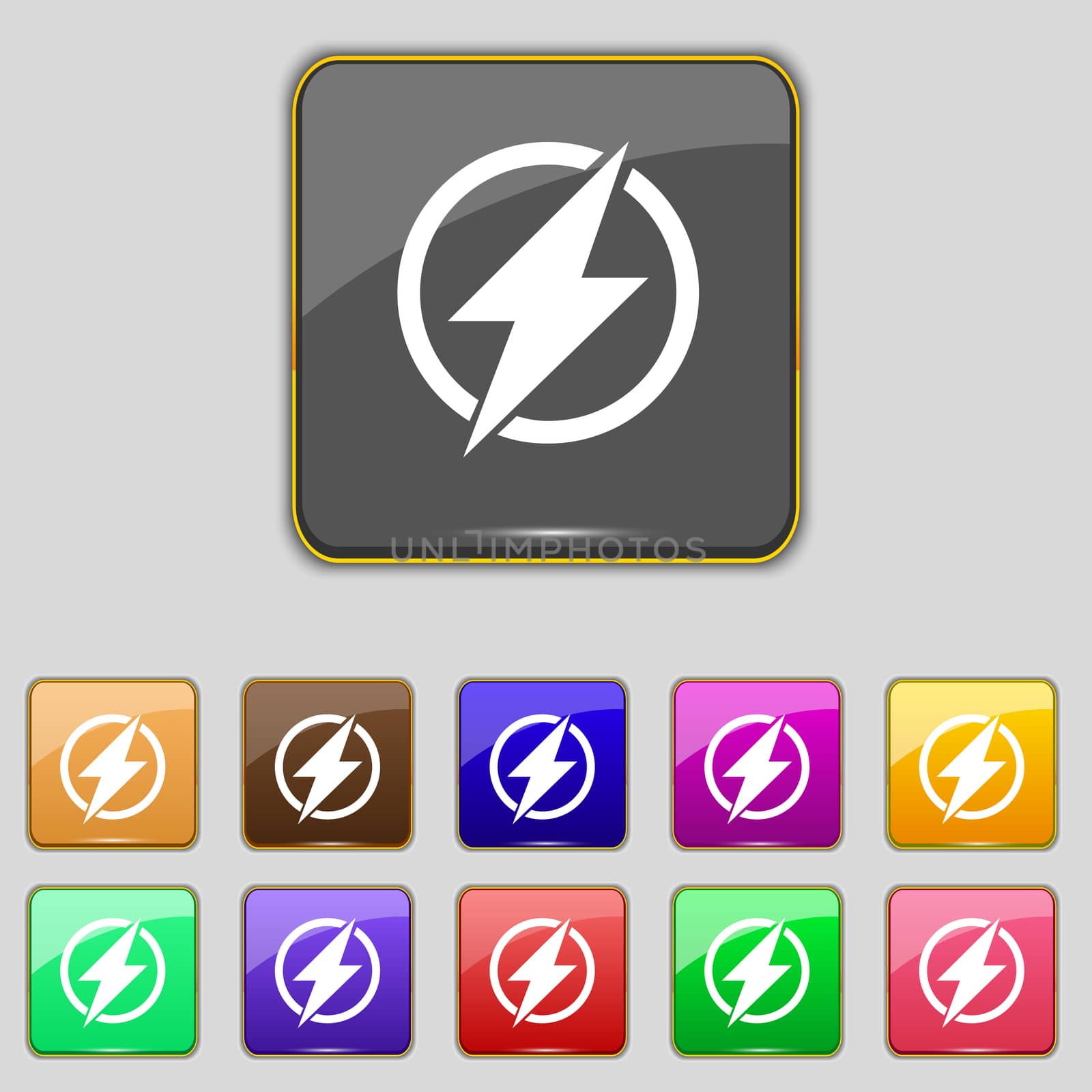 Photo flash sign icon. Lightning symbol. Set of colour buttons.  by serhii_lohvyniuk