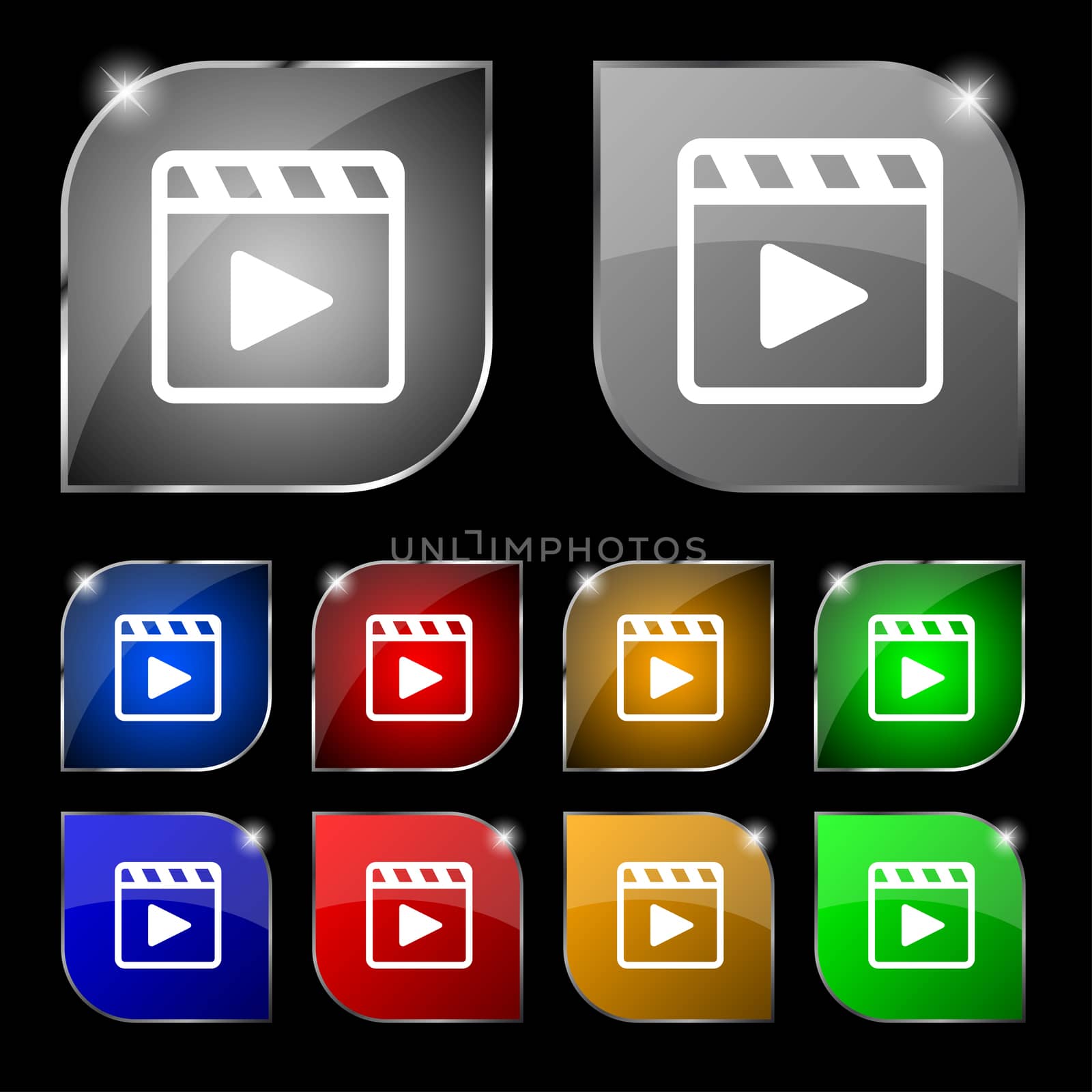 Play video icon sign. Set of ten colorful buttons with glare. illustration