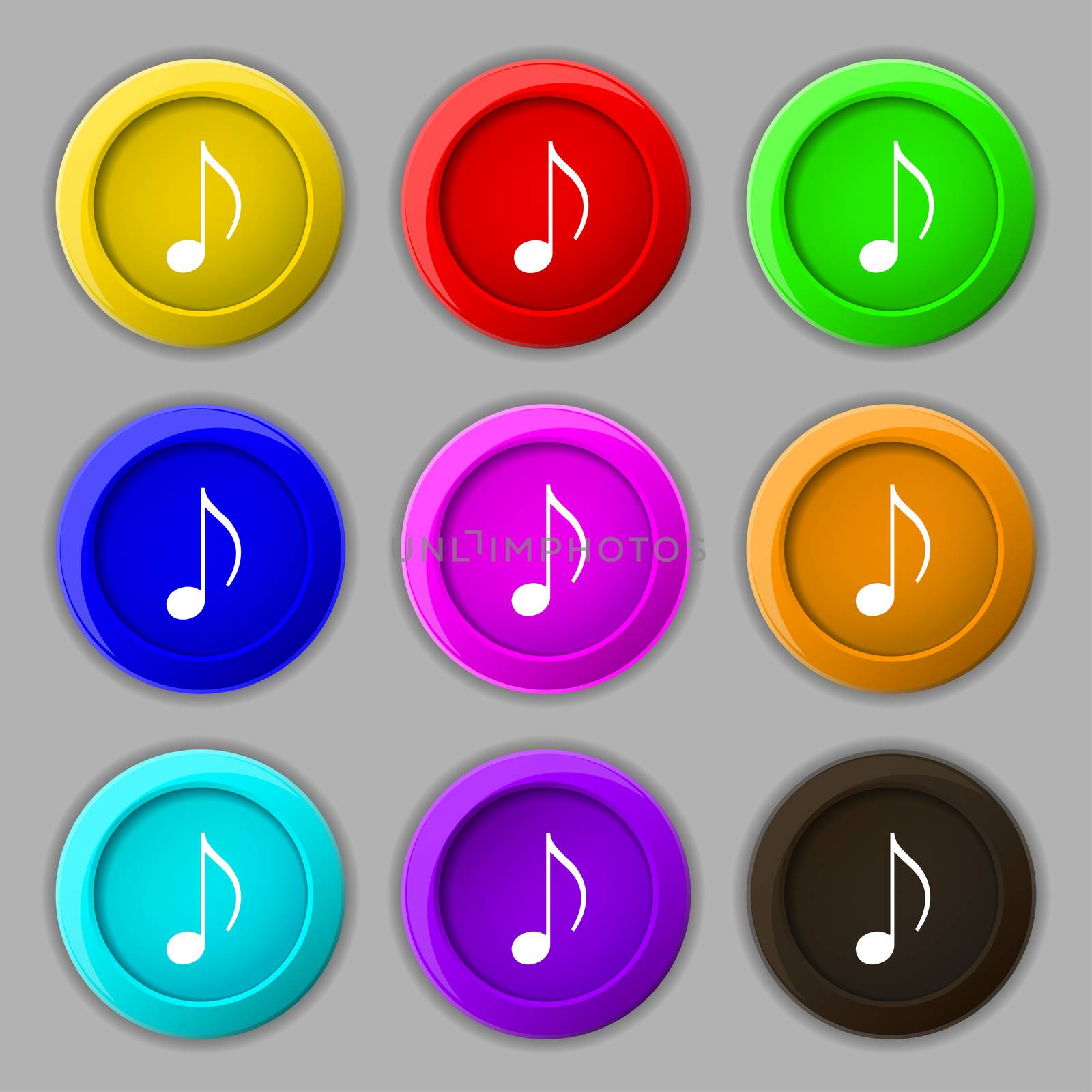 musical note, music, ringtone icon sign. symbol on nine round colourful buttons. illustration