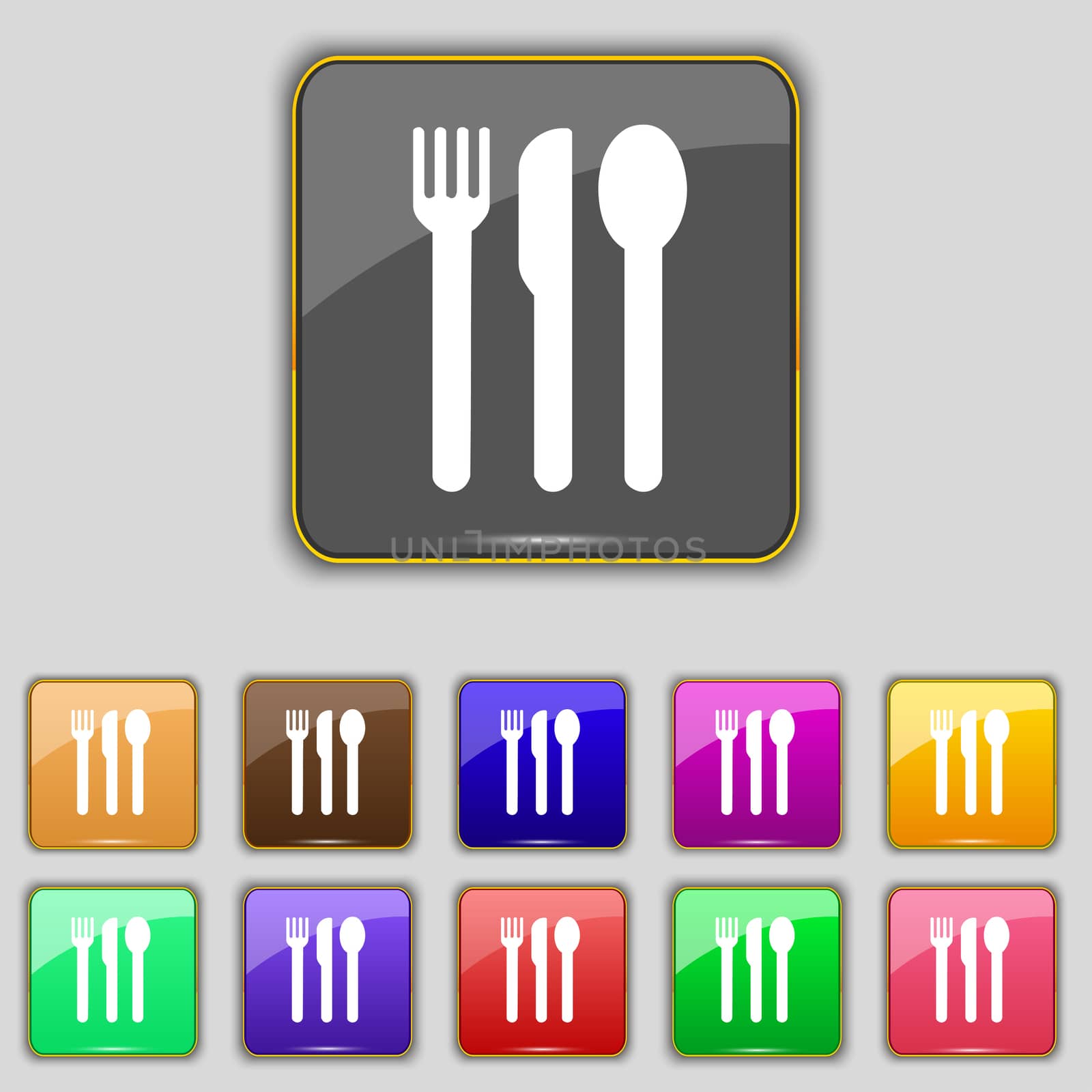 fork, knife, spoon icon sign. Set with eleven colored buttons for your site. illustration