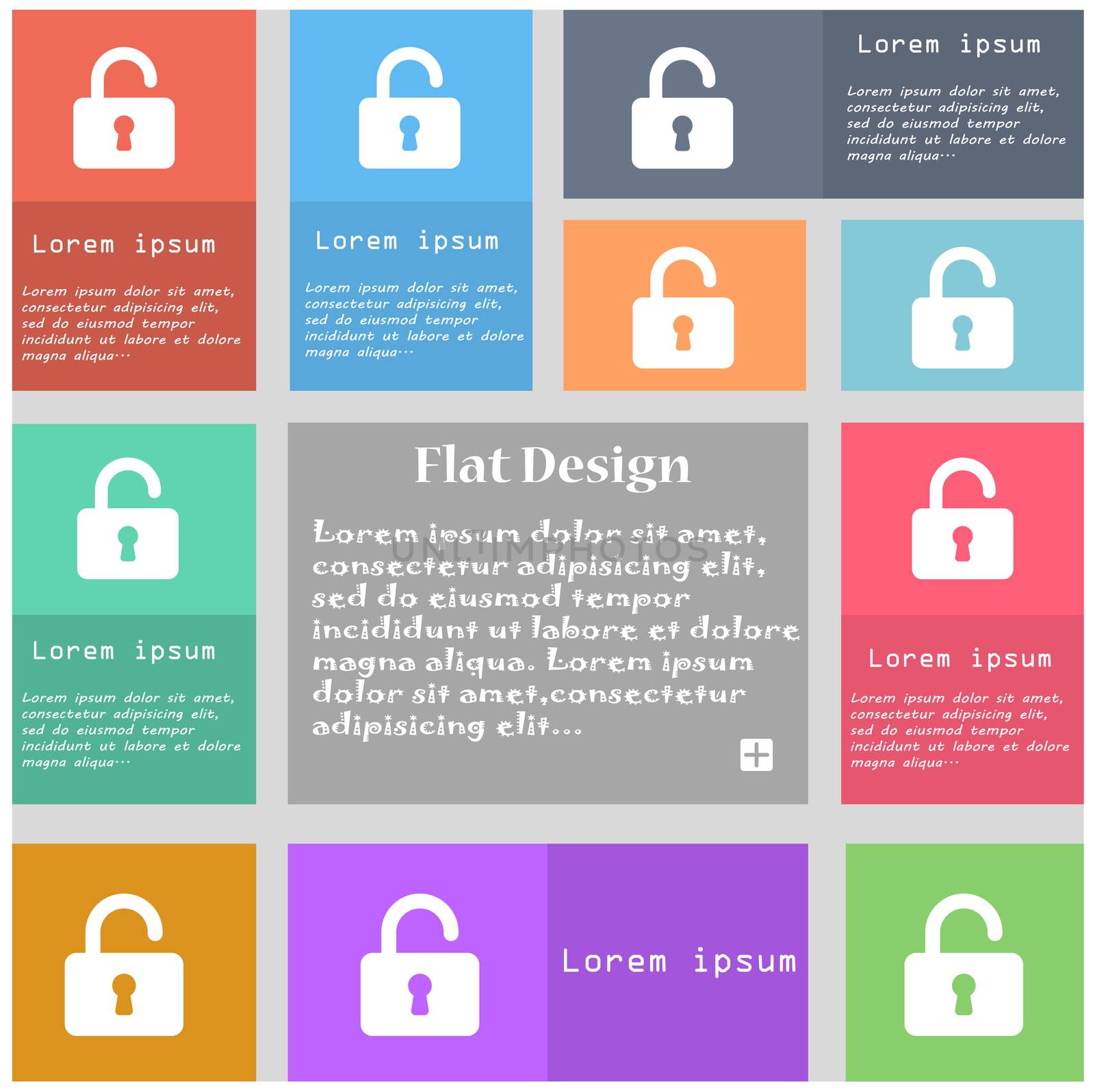 Open Padlock icon sign. Set of multicolored buttons with space for text.  by serhii_lohvyniuk