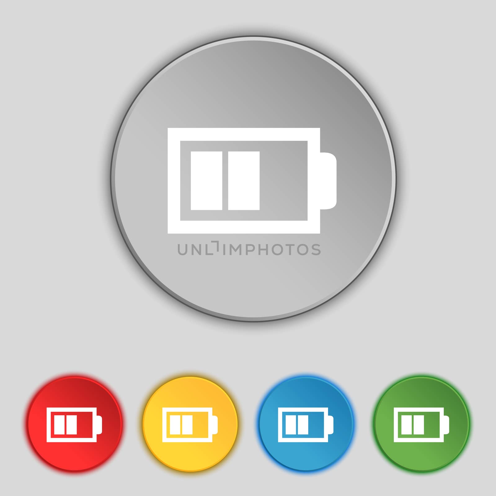Battery half level sign icon. Low electricity symbol. Set of colour buttons.  by serhii_lohvyniuk