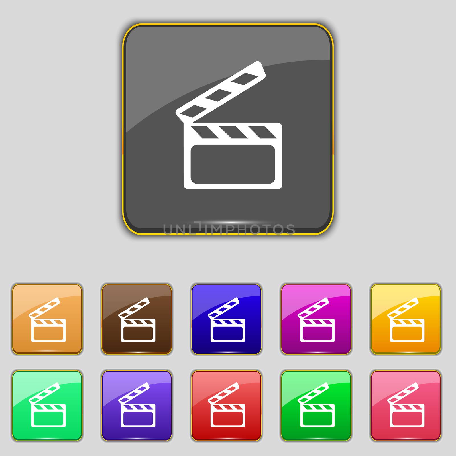 Cinema Clapper sign icon. Video camera symbol. Set of colour buttons.  by serhii_lohvyniuk