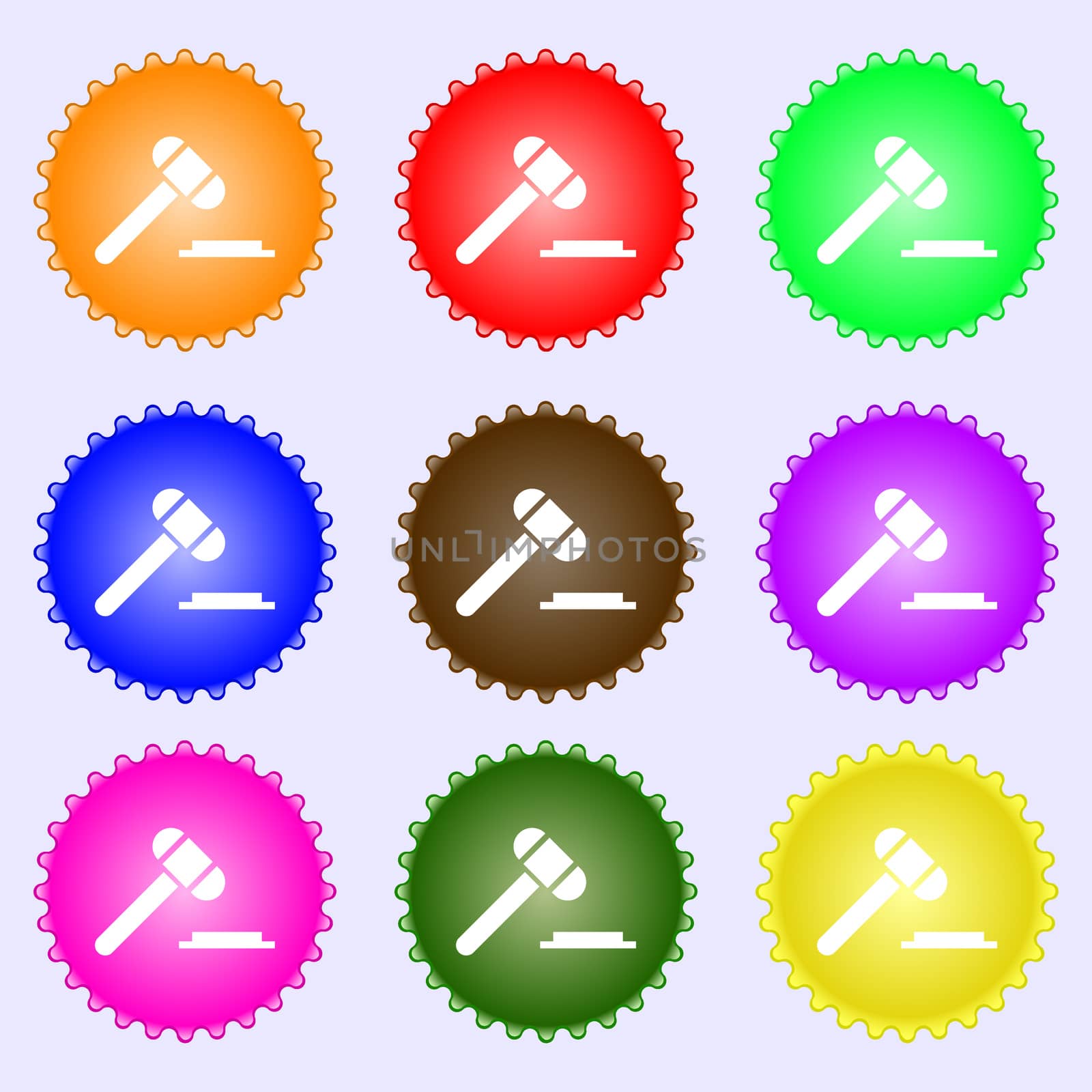 judge hammer icon. A set of nine different colored labels.  by serhii_lohvyniuk