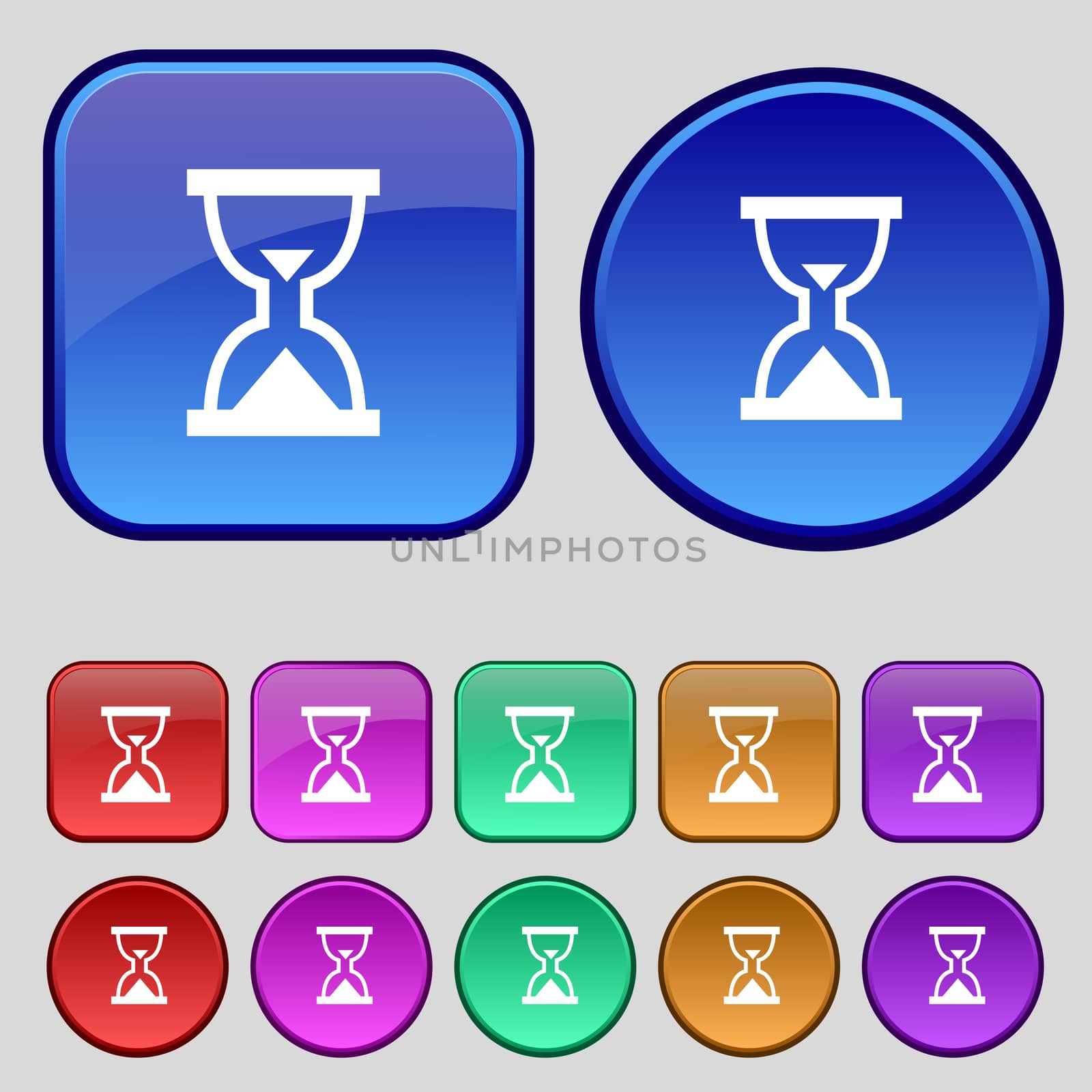 Hourglass, Sand timer icon sign. A set of twelve vintage buttons for your design. illustration