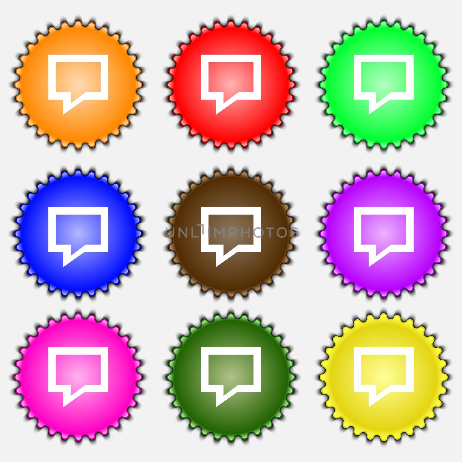 Speech bubble, Think cloud icon sign. A set of nine different colored labels.  by serhii_lohvyniuk