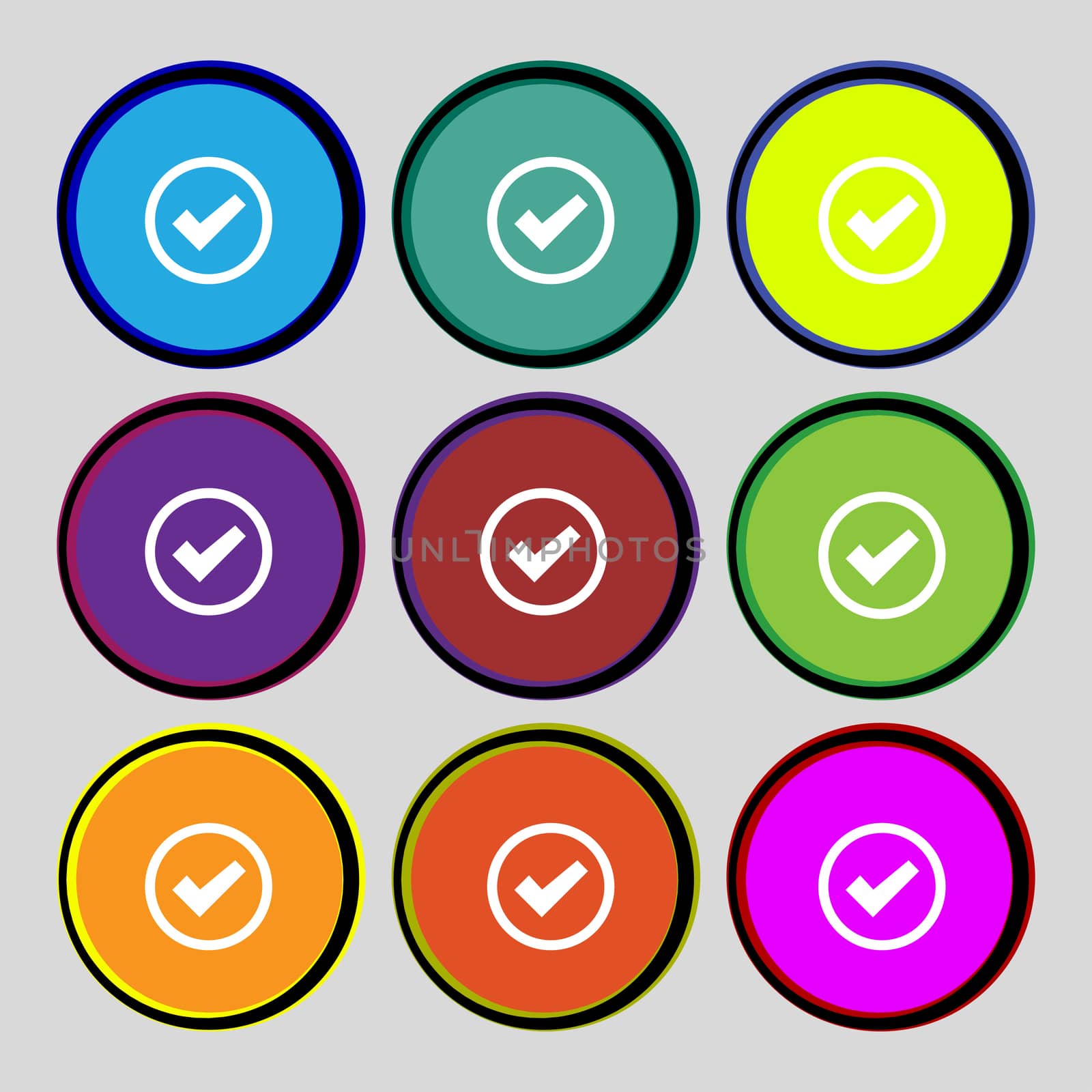 Check mark sign icon . Confirm approved symbol. Set colourful buttons.  by serhii_lohvyniuk