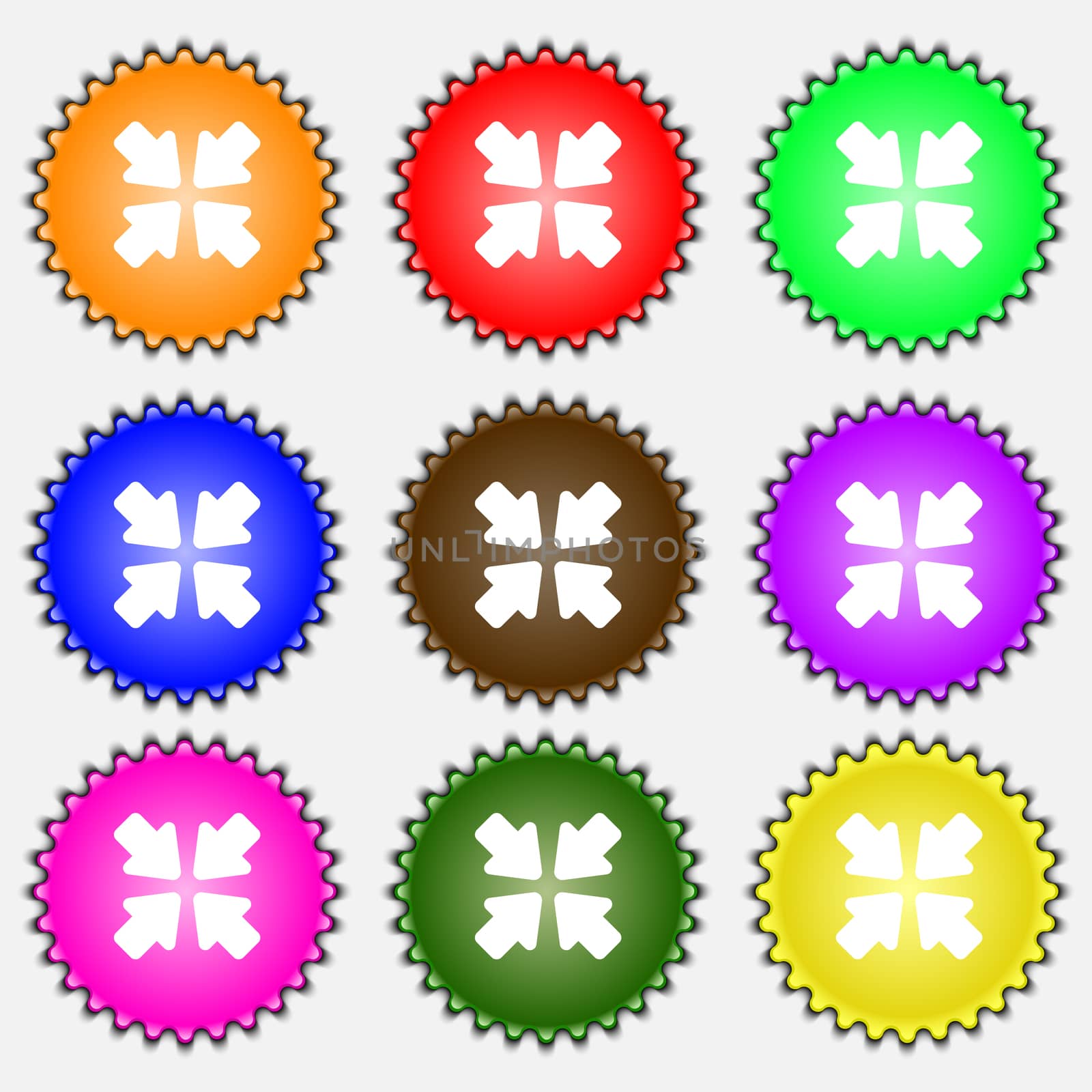 turn to full screen icon sign. A set of nine different colored labels.  by serhii_lohvyniuk