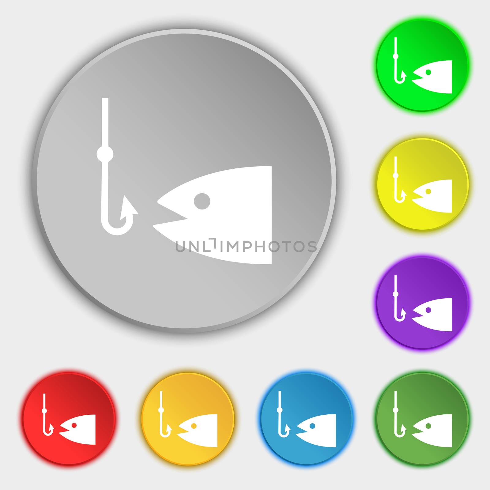 Fishing icon sign. Symbol on five flat buttons. illustration