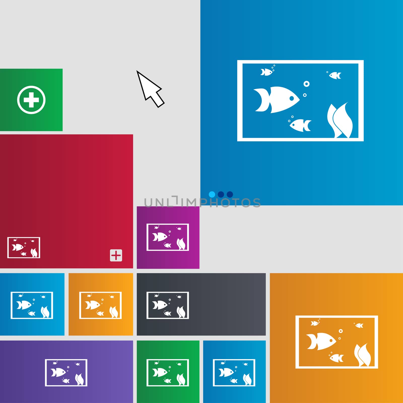 Aquarium, Fish in water icon sign. Metro style buttons. Modern interface website buttons with cursor pointer. illustration