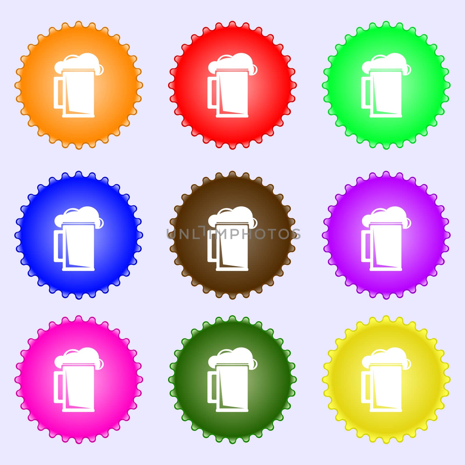 glass of beer icon sign. A set of nine different colored labels.  by serhii_lohvyniuk