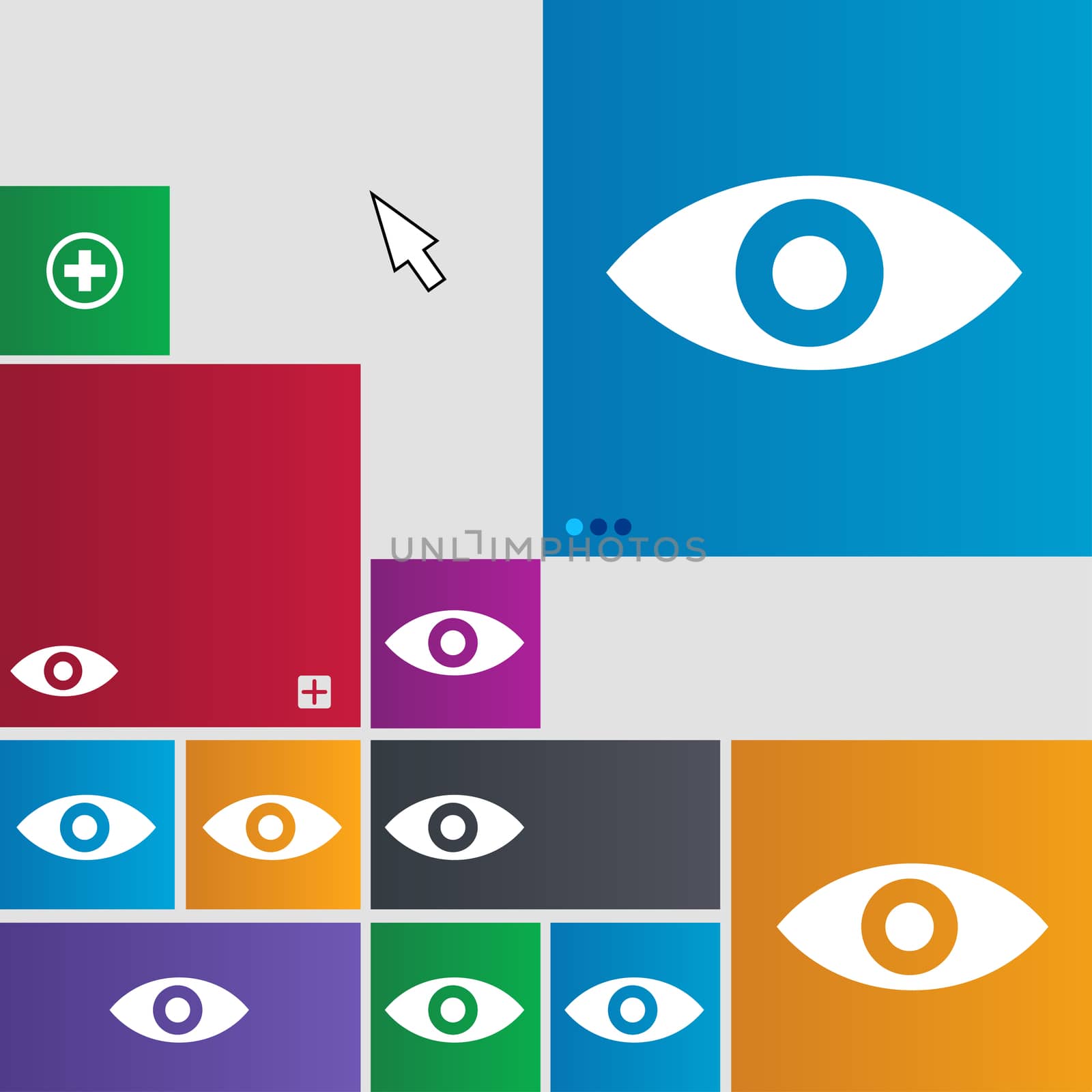 Eye, Publish content, sixth sense, intuition icon sign. Metro style buttons. Modern interface website buttons with cursor pointer.  by serhii_lohvyniuk