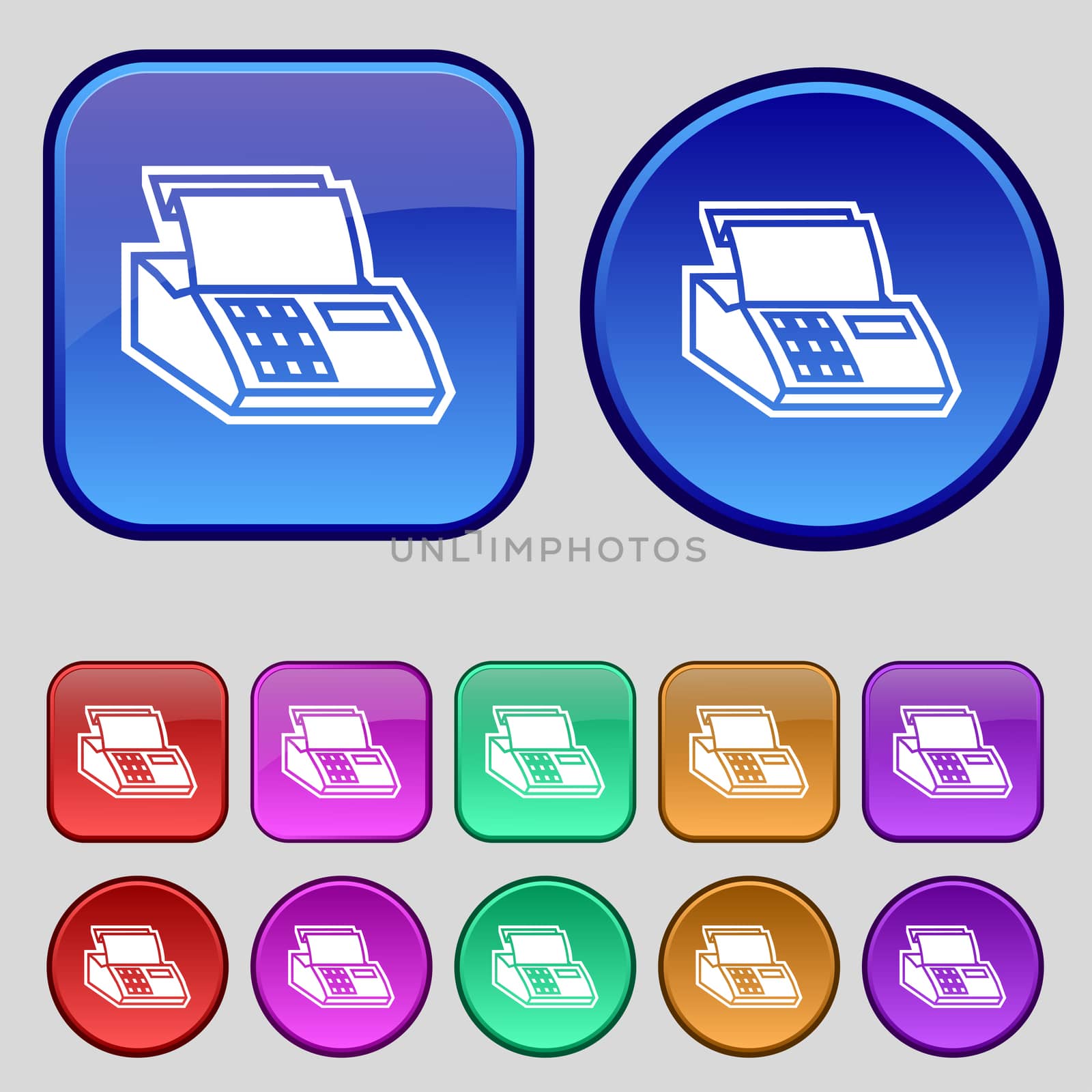 Cash register machine icon sign. A set of twelve vintage buttons for your design. illustration