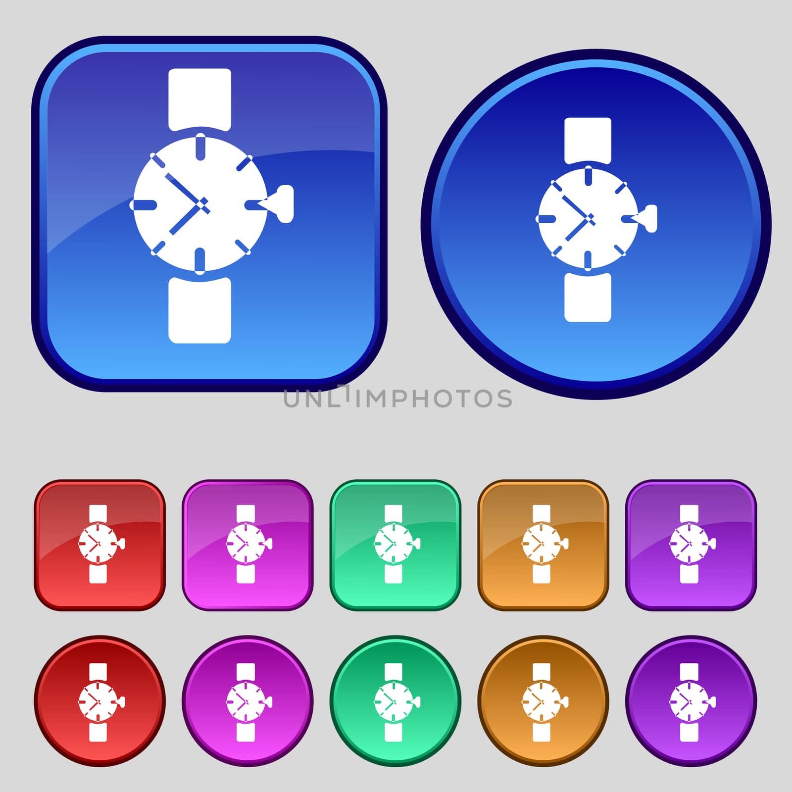 Wrist Watch sign icon. Mechanical clock symbol. Set colourful buttons.  by serhii_lohvyniuk