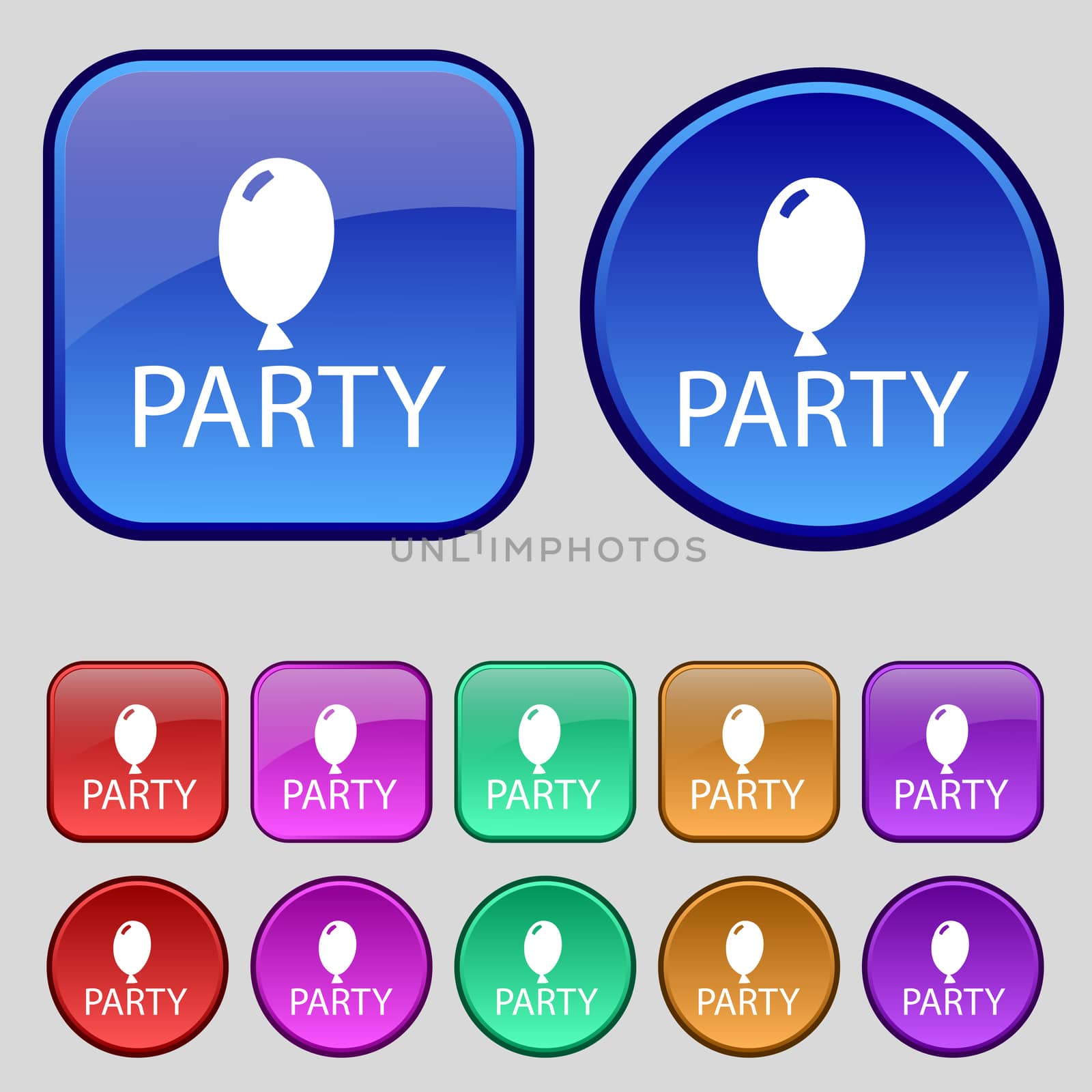 Party sign icon. Birthday air balloon with rope or ribbon symbol. Set of colored buttons.  by serhii_lohvyniuk