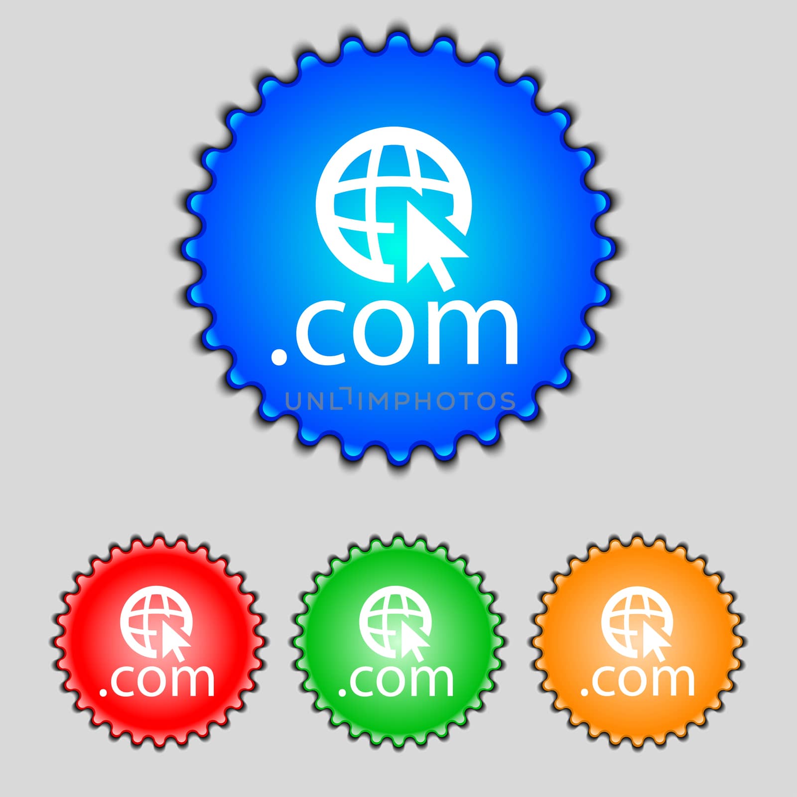 Domain COM sign icon. Top-level internet domain symbol.Set of colored buttons.  by serhii_lohvyniuk