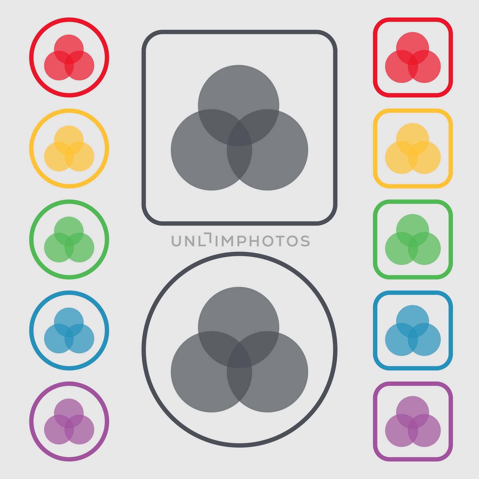 Color scheme icon sign. Symbols on the Round and square buttons with frame. illustration