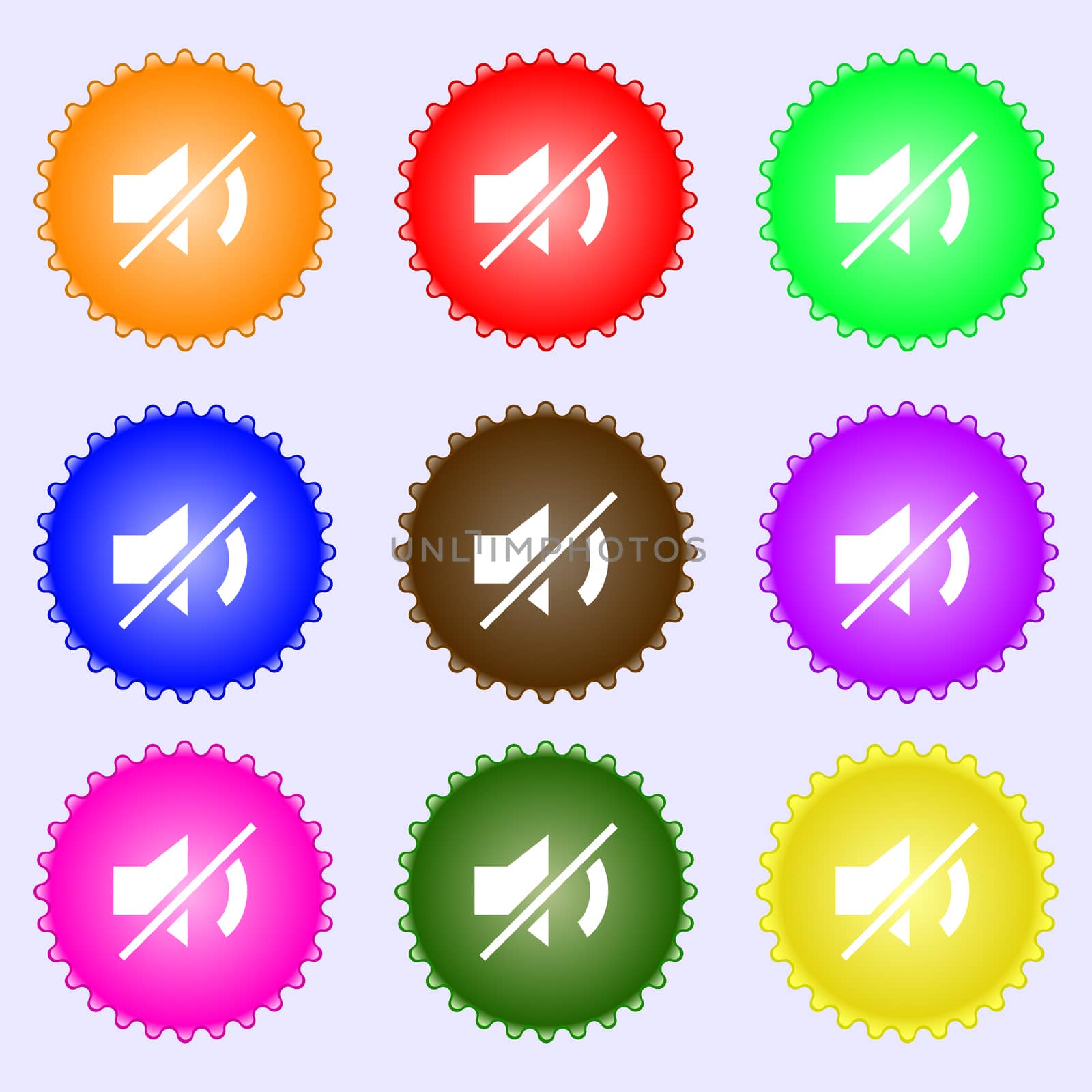 Mute speaker sign icon. Sound symbol.. A set of nine different colored labels. illustration