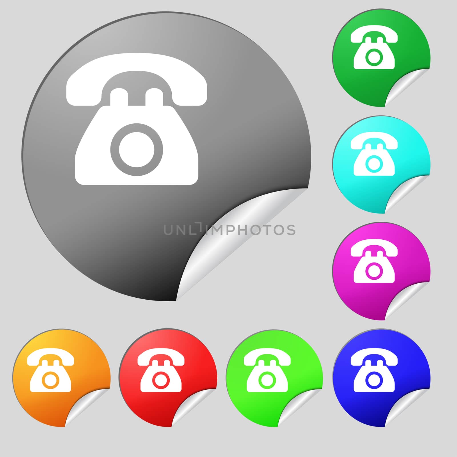 Retro telephone icon sign. Set of eight multi-colored round buttons, stickers. illustration