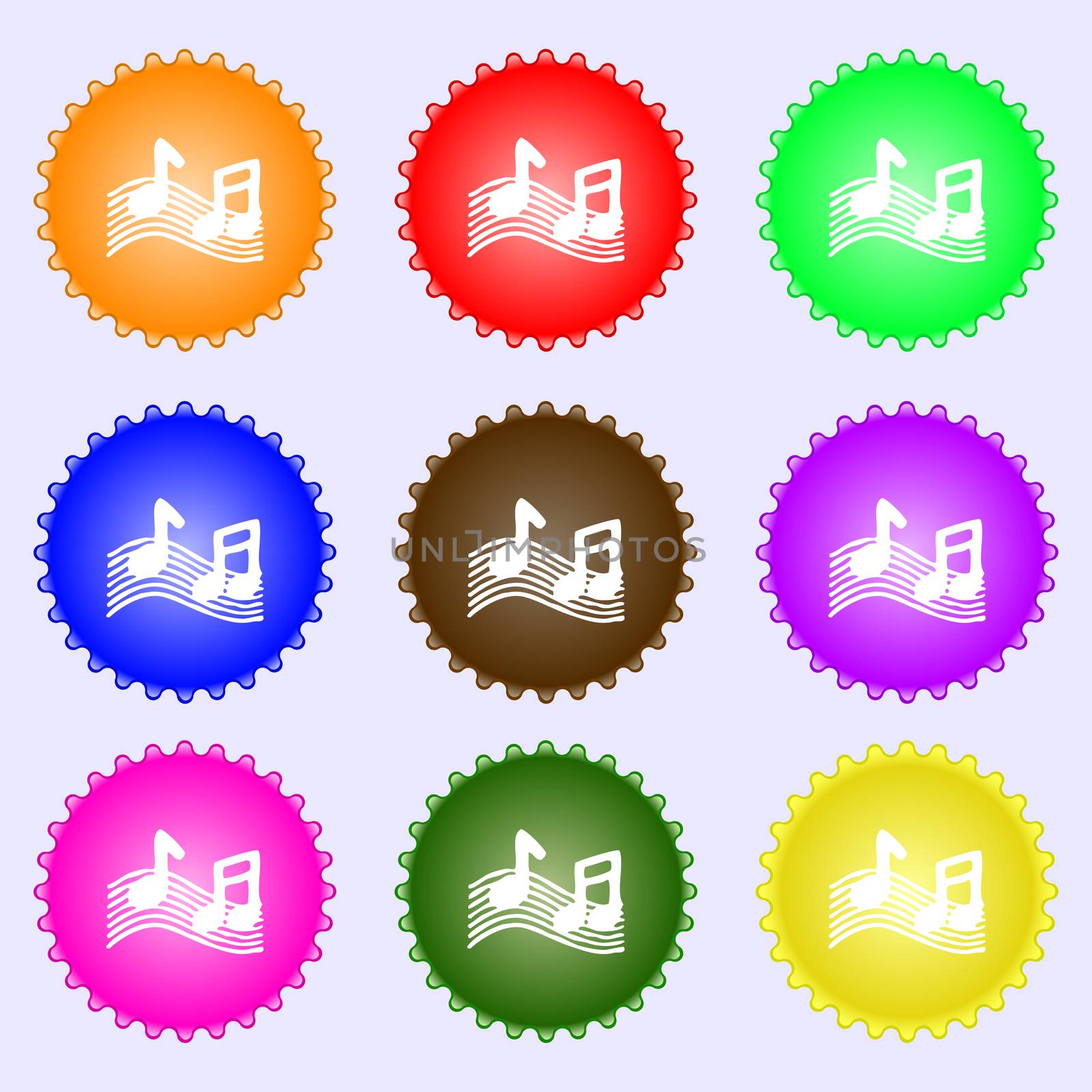 musical note, music, ringtone icon sign. A set of nine different colored labels.  by serhii_lohvyniuk