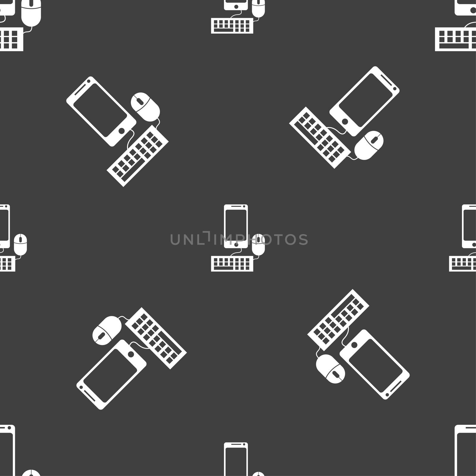 smartphone widescreen monitor, keyboard, mouse sign icon. Seamless pattern on a gray background. illustration