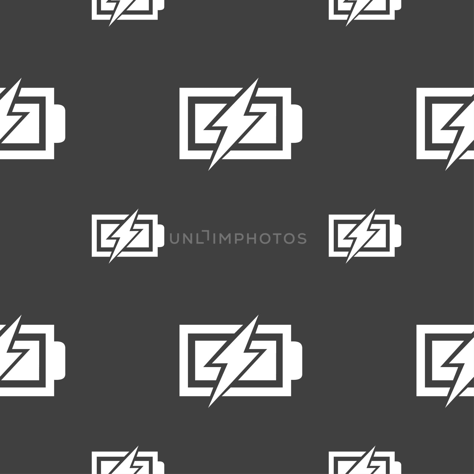 Battery charging sign icon. Lightning symbol. Seamless pattern on a gray background. illustration