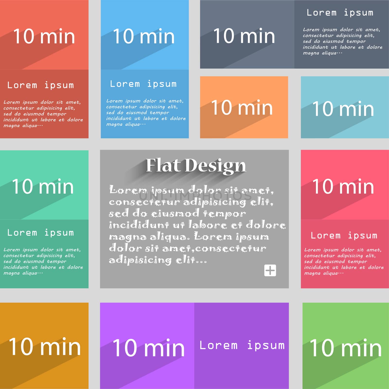 10 minutes sign icon. Set of colored buttons. illustration