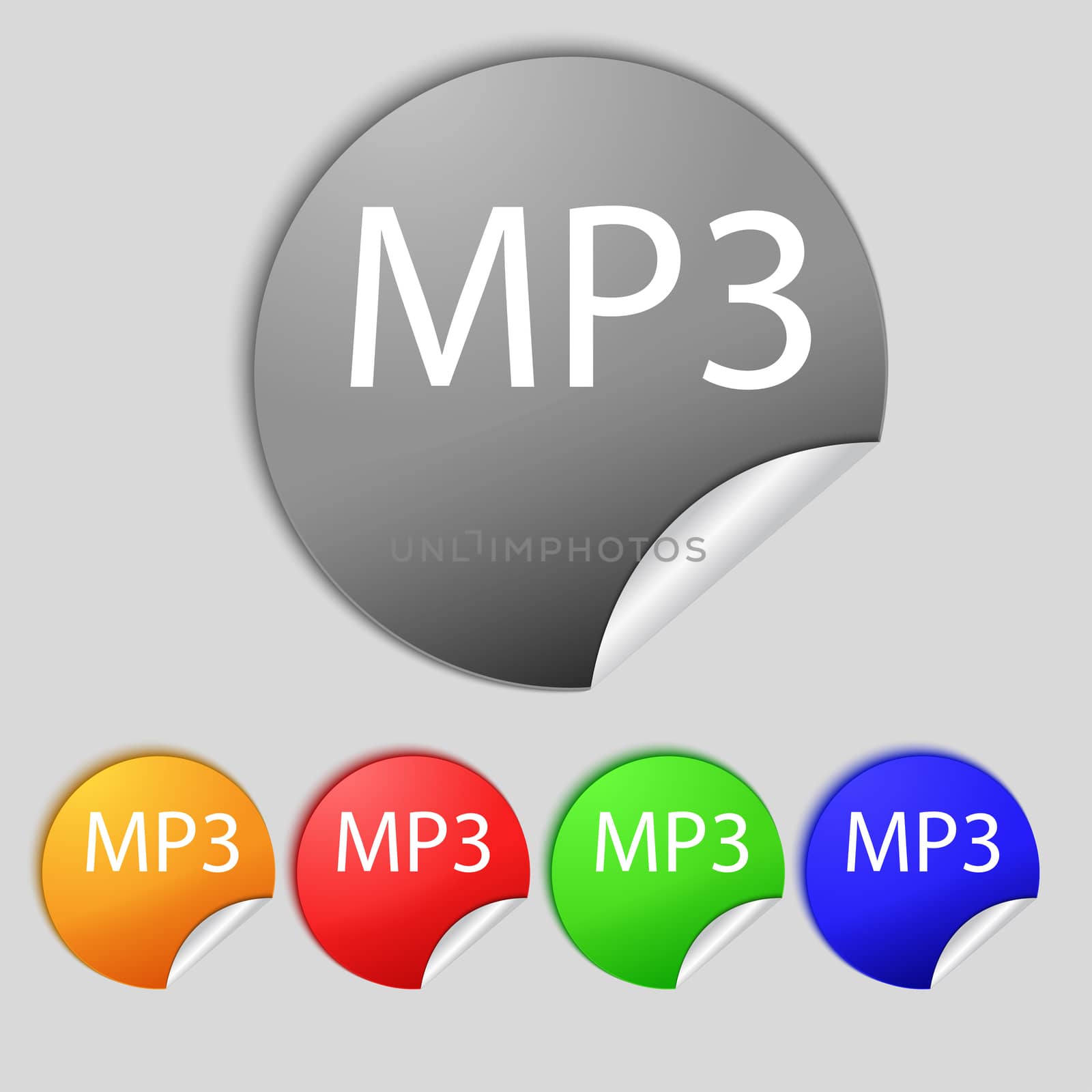 Mp3 music format sign icon. Musical symbol. Set of colored buttons.  by serhii_lohvyniuk