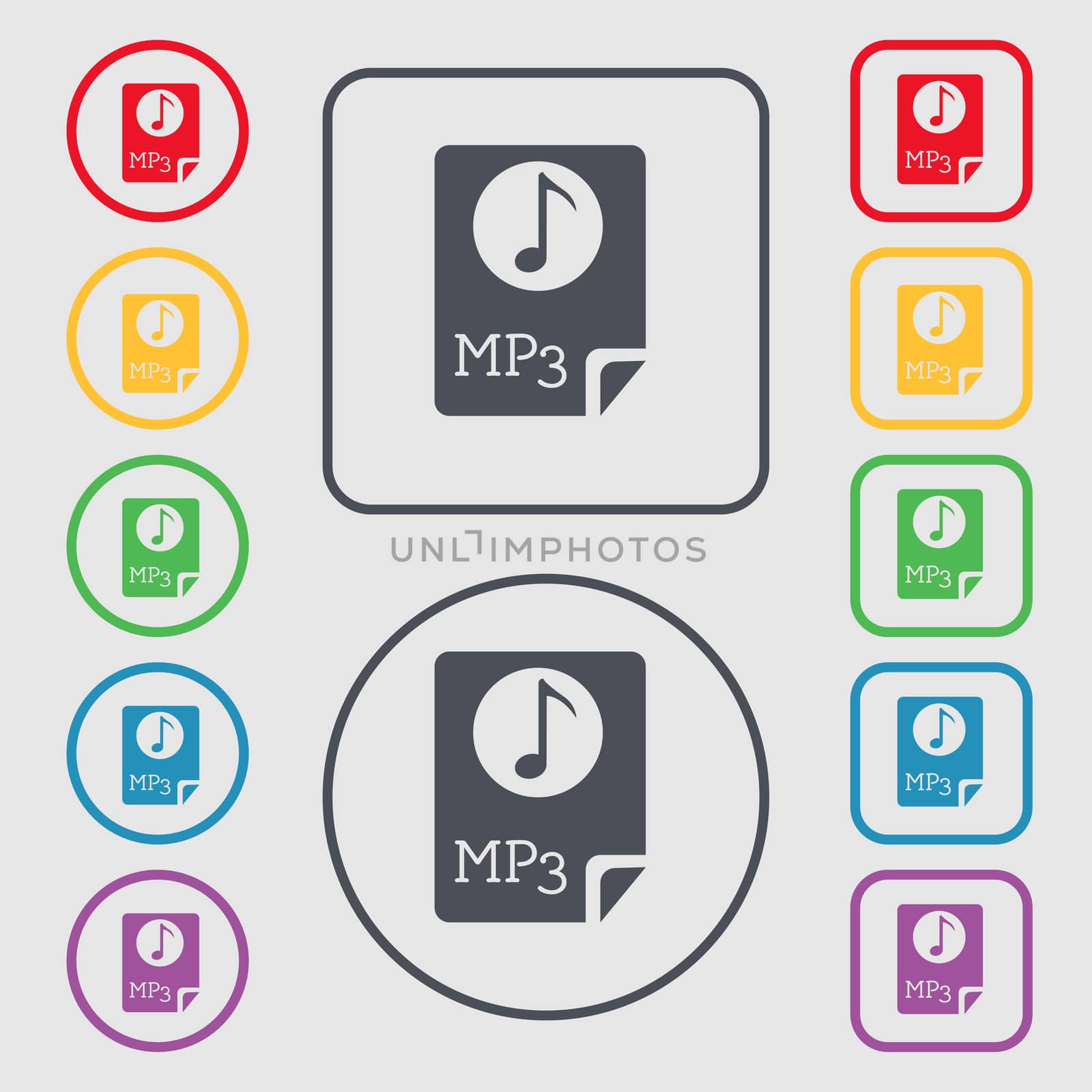 Audio, MP3 file icon sign. symbol on the Round and square buttons with frame.  by serhii_lohvyniuk