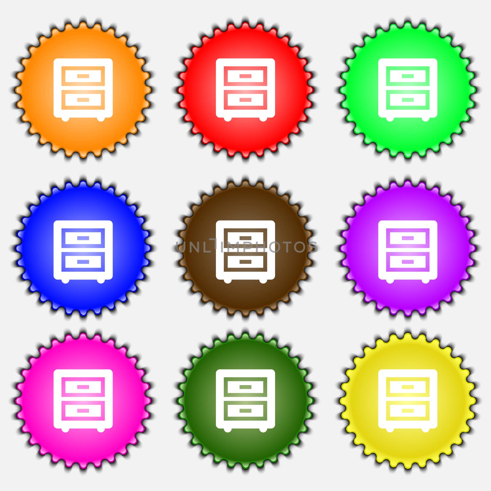 Nightstand icon sign. A set of nine different colored labels. illustration 