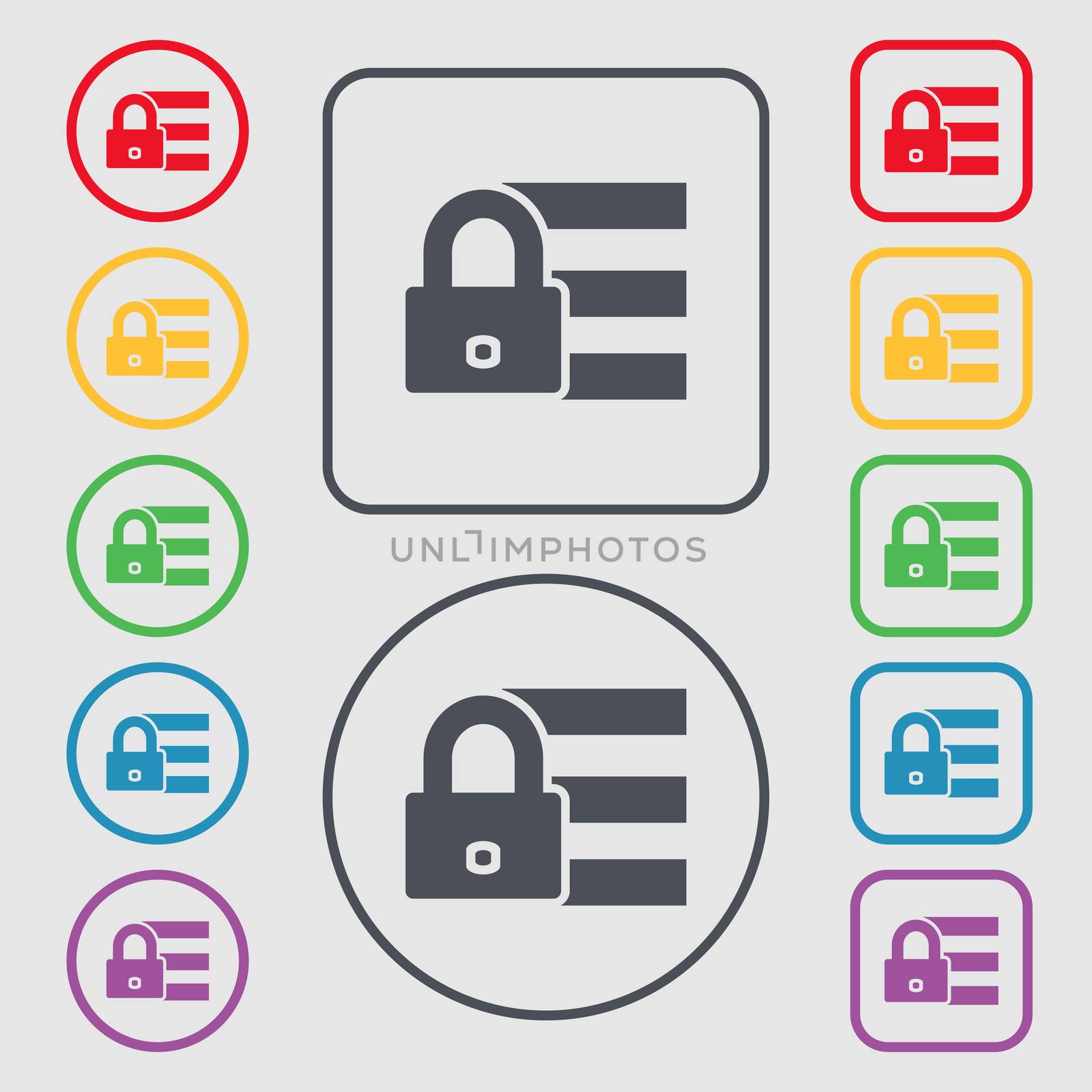 Lock, login icon sign. Symbols on the Round and square buttons with frame.  by serhii_lohvyniuk