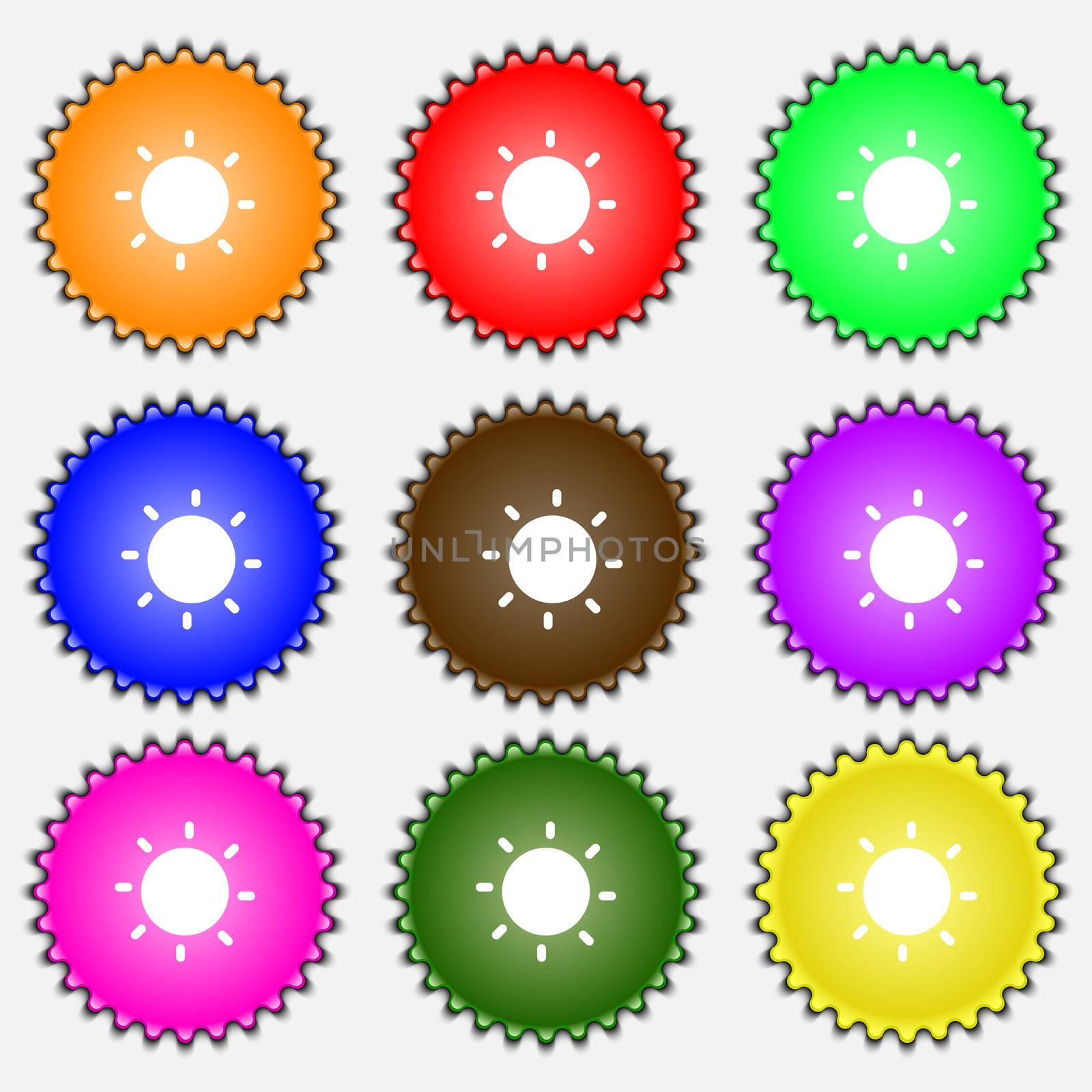 Sun icon sign. A set of nine different colored labels. illustration 