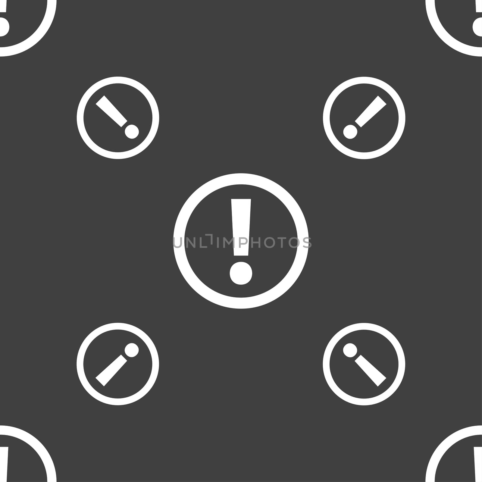 Attention sign icon. Exclamation mark. Hazard warning symbol. Seamless pattern on a gray background. illustration