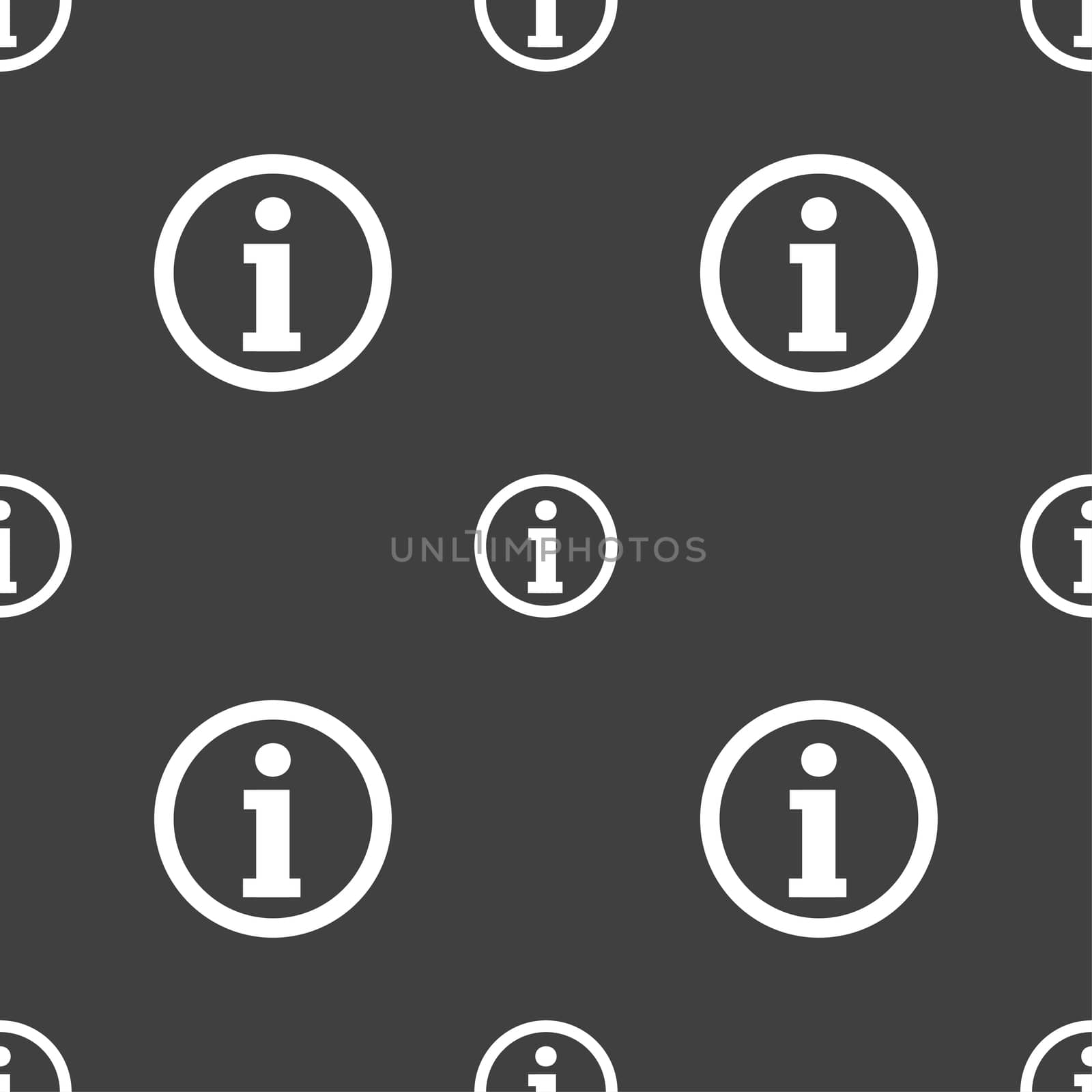 Information sign icon. Info speech bubble symbol. Seamless pattern on a gray background. illustration