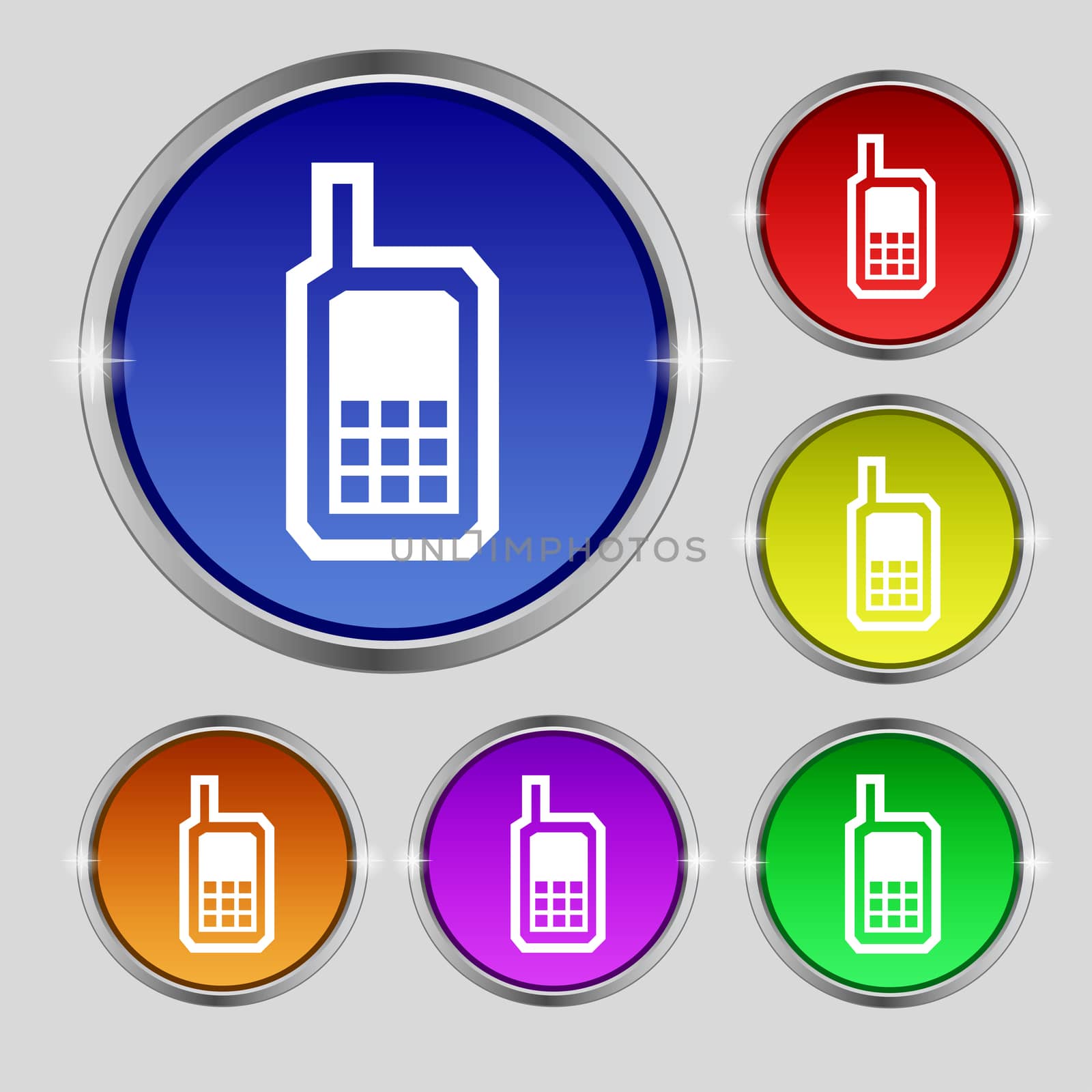 Mobile phone icon sign. Round symbol on bright colourful buttons. illustration
