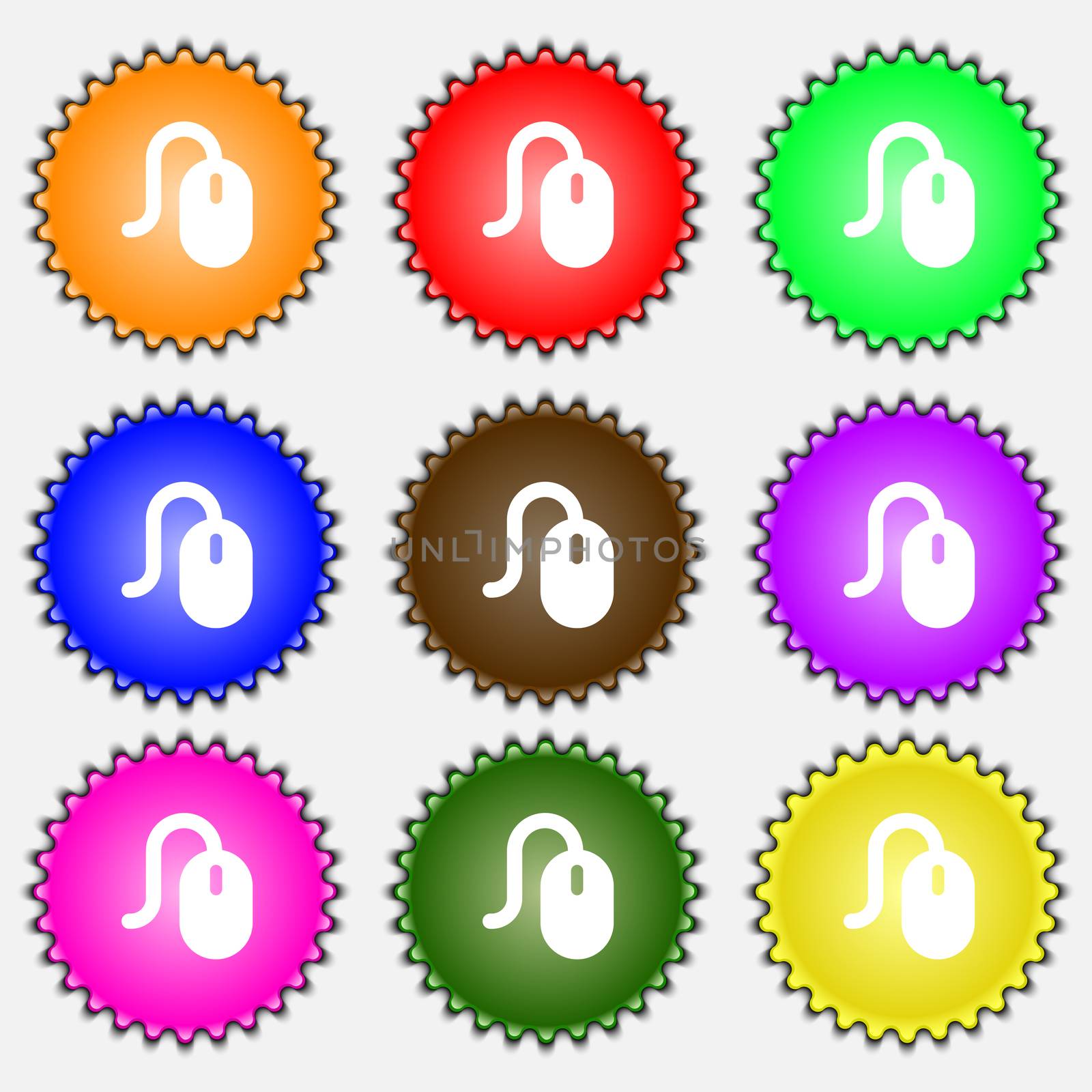 Computer mouse icon sign. A set of nine different colored labels.  by serhii_lohvyniuk