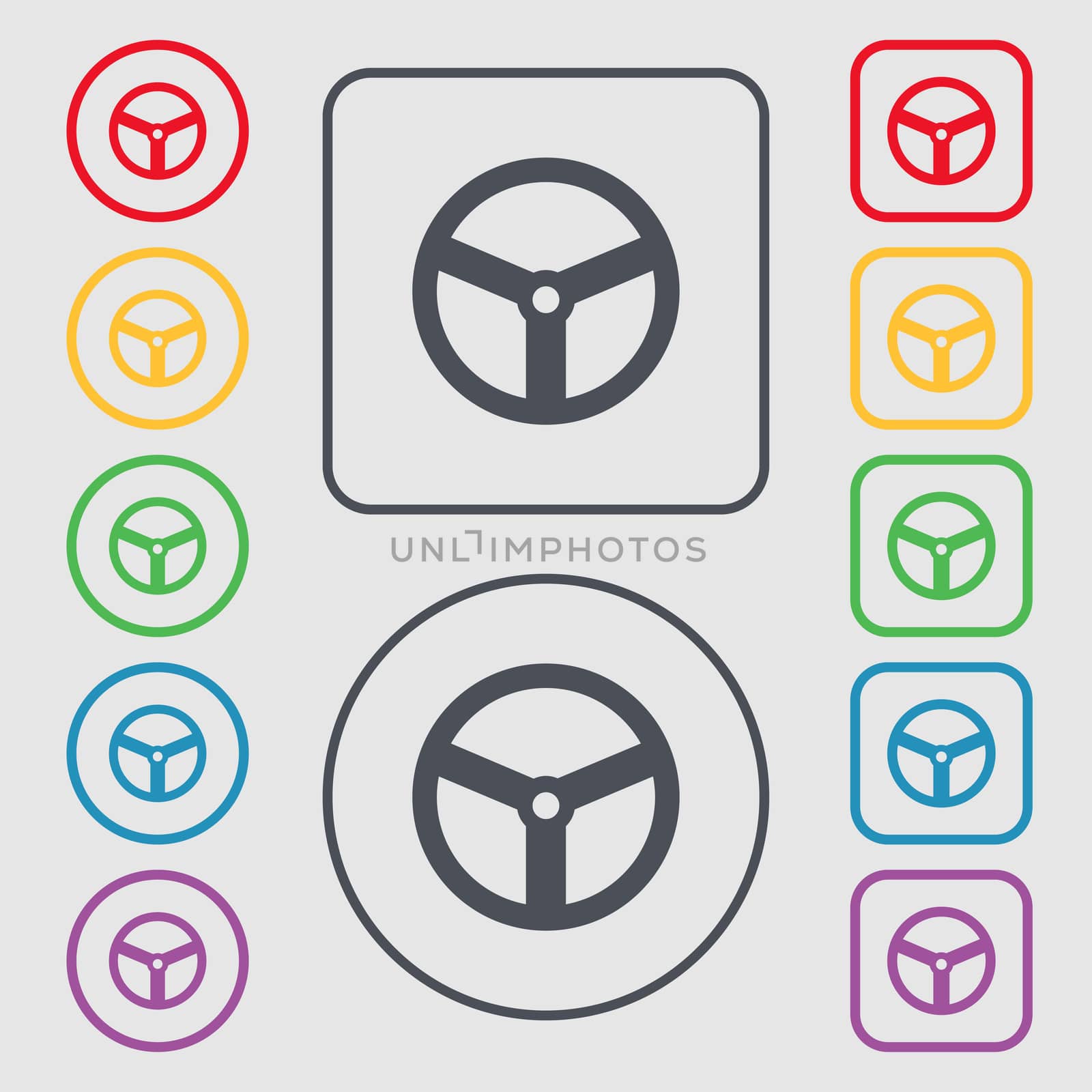 Steering wheel icon sign. Symbols on the Round and square buttons with frame.  by serhii_lohvyniuk