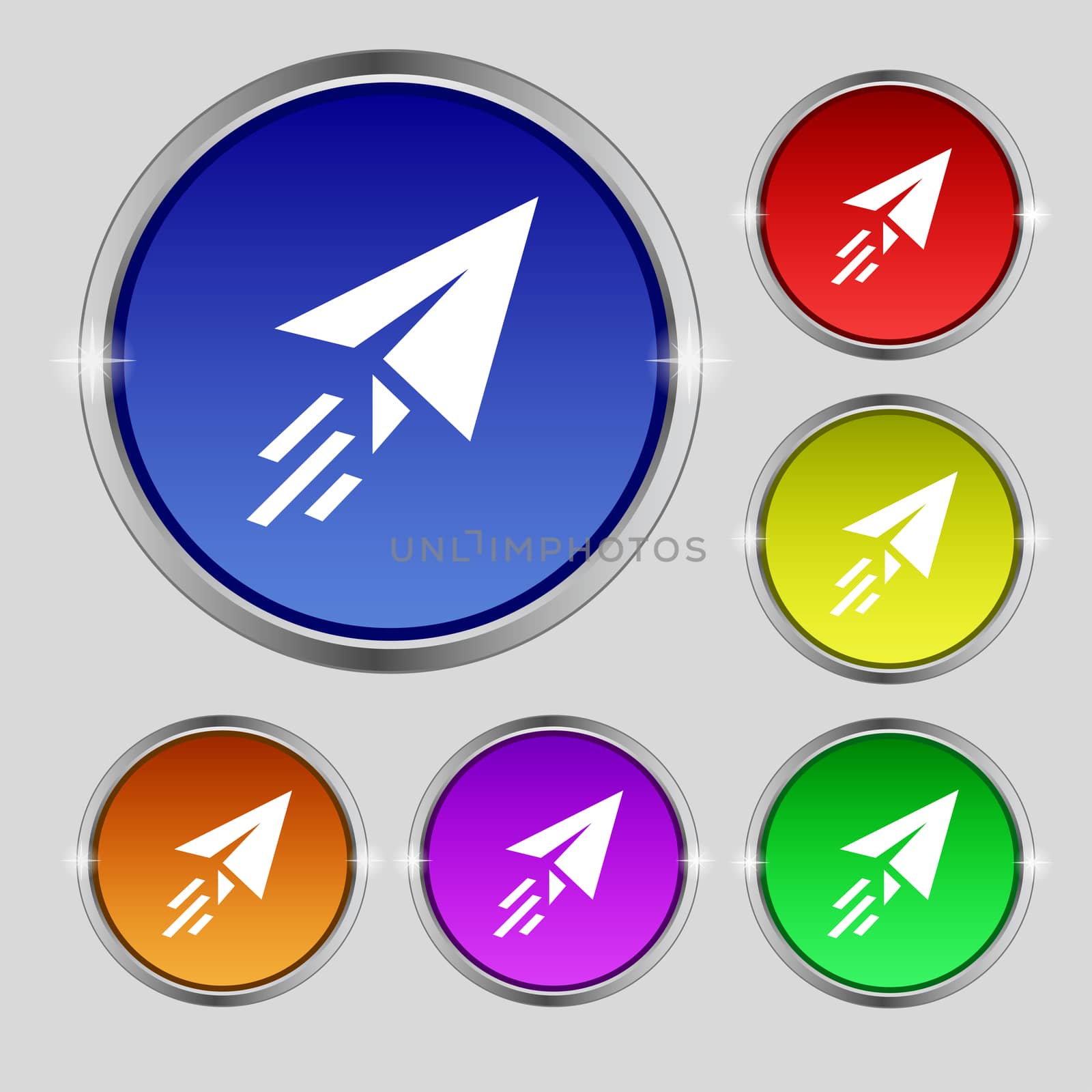 Paper airplane icon sign. Round symbol on bright colourful buttons. illustration