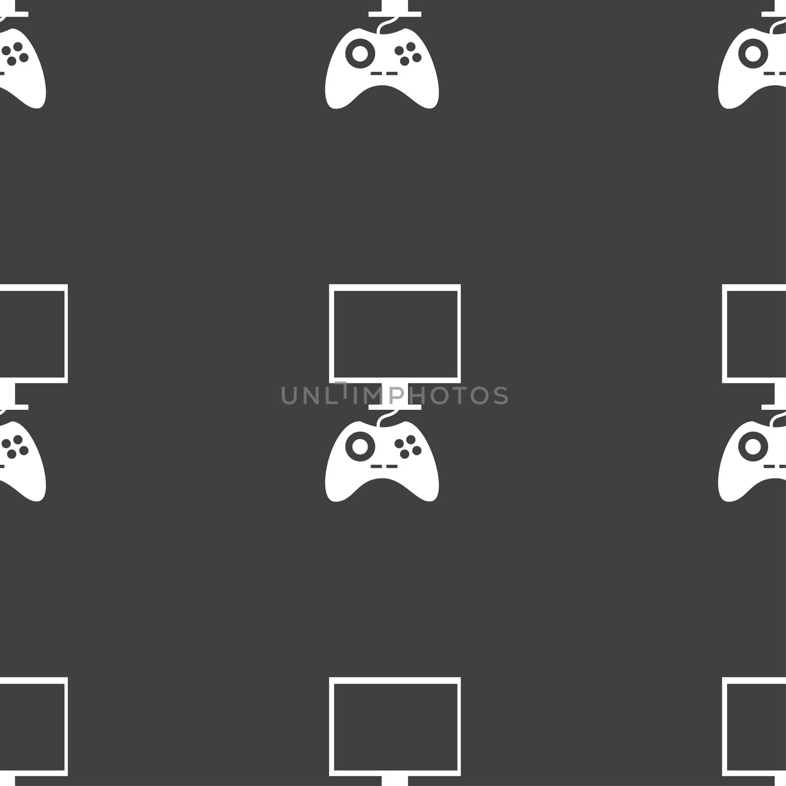 Joystick and monitor sign icon. Video game symbol. Seamless pattern on a gray background.  by serhii_lohvyniuk