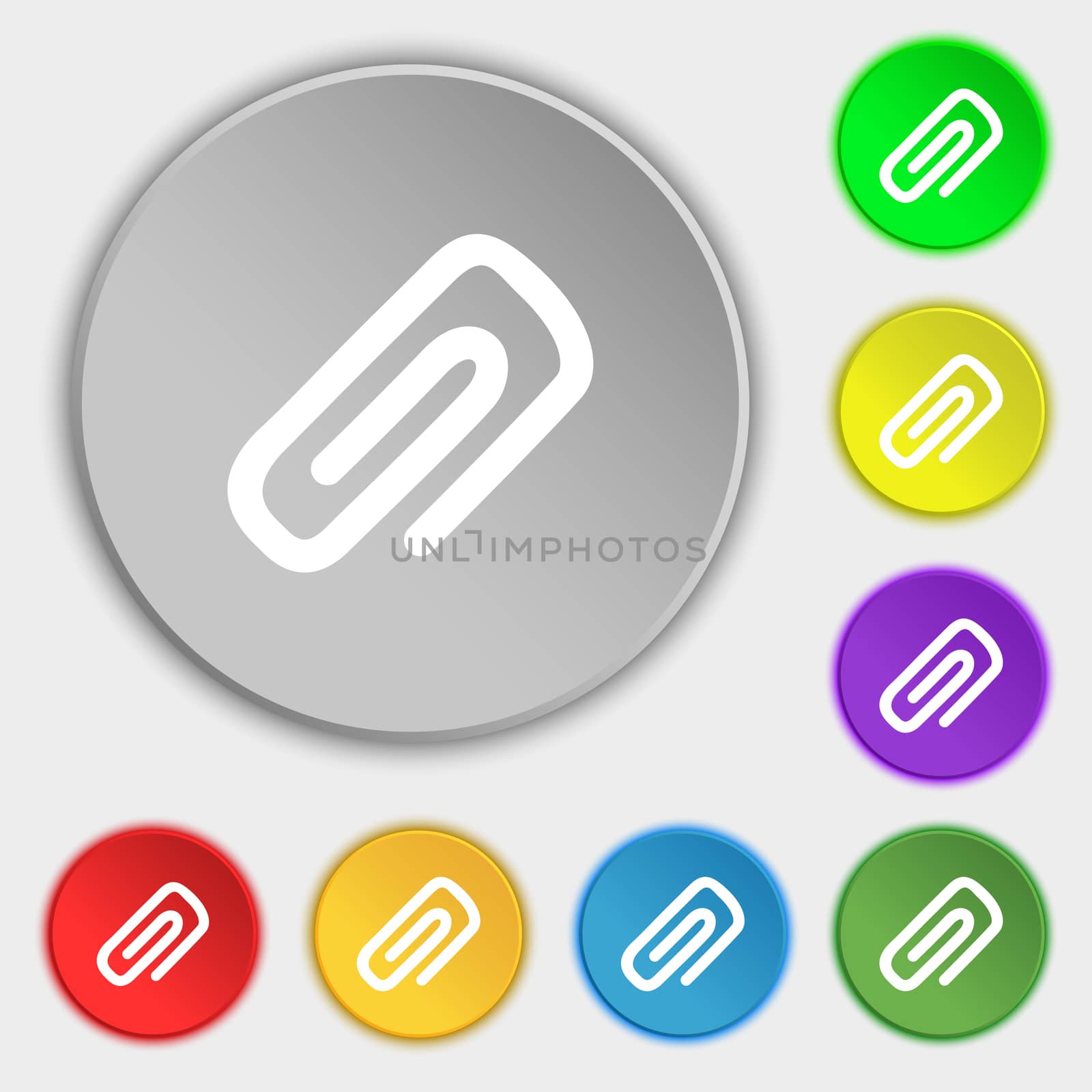 clip to paper icon sign. Symbol on five flat buttons. illustration