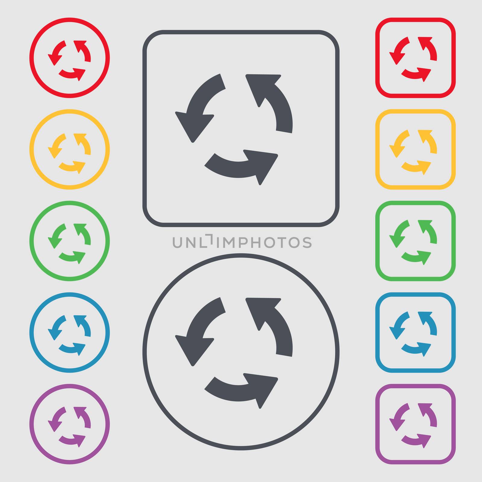Refresh icon sign. symbol on the Round and square buttons with frame. illustration