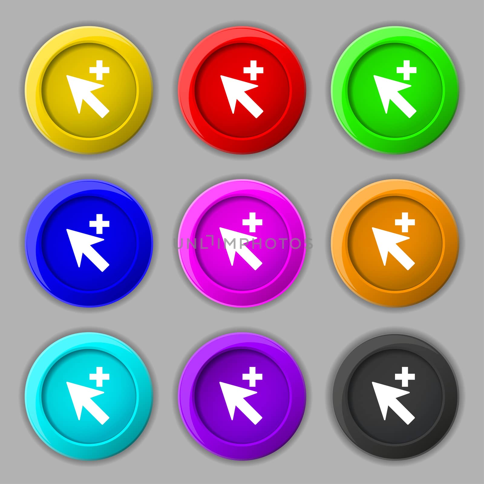 Cursor, arrow plus, add icon sign. symbol on nine round colourful buttons.  by serhii_lohvyniuk