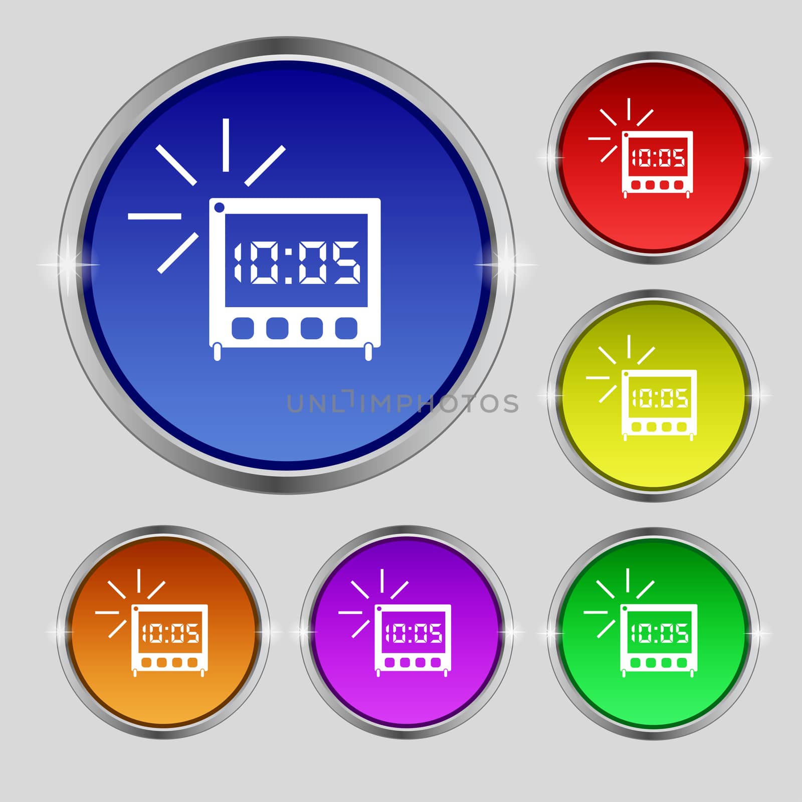 digital Alarm Clock icon sign. Round symbol on bright colourful buttons.  by serhii_lohvyniuk