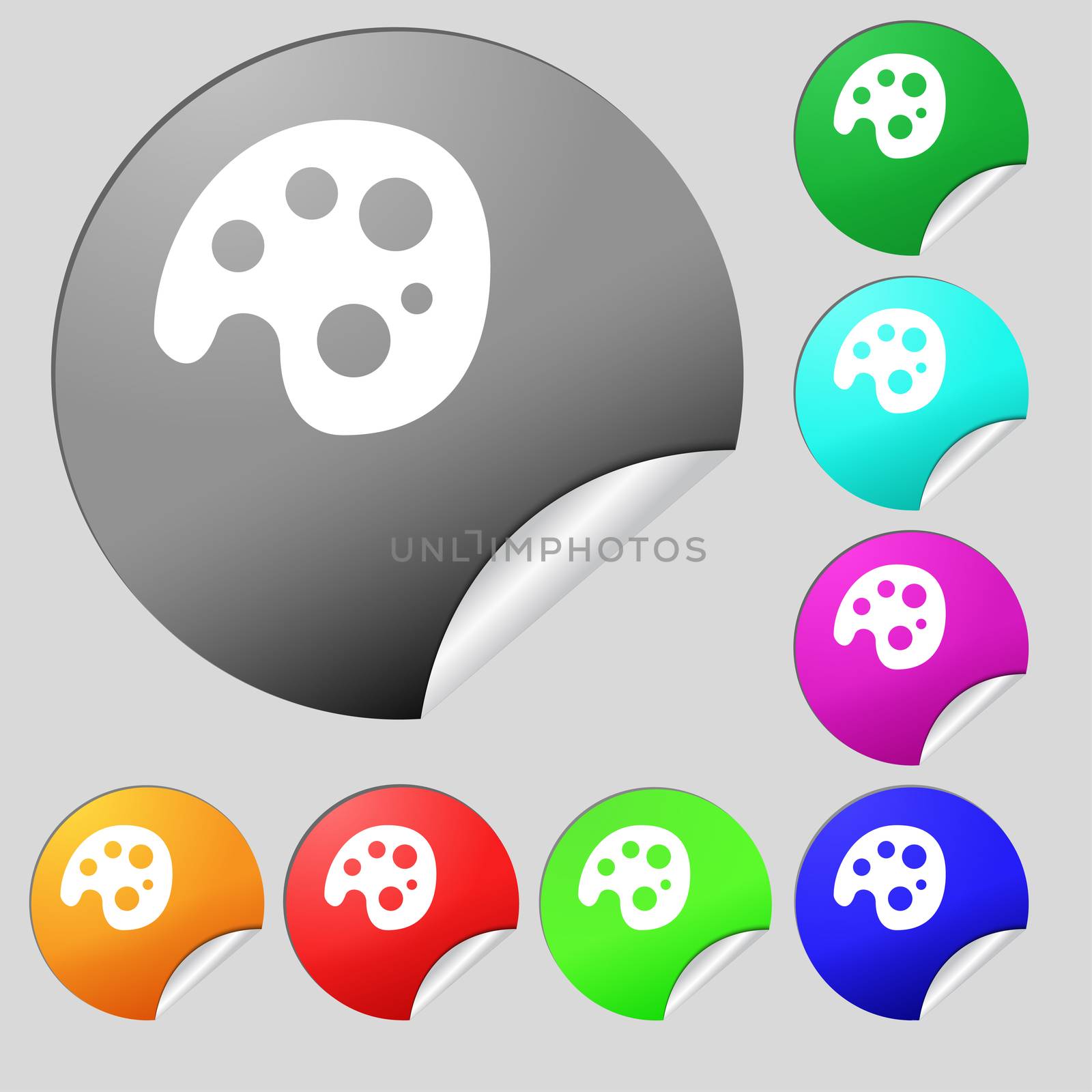 Palette icon sign. Set of eight multi-colored round buttons, stickers. illustration