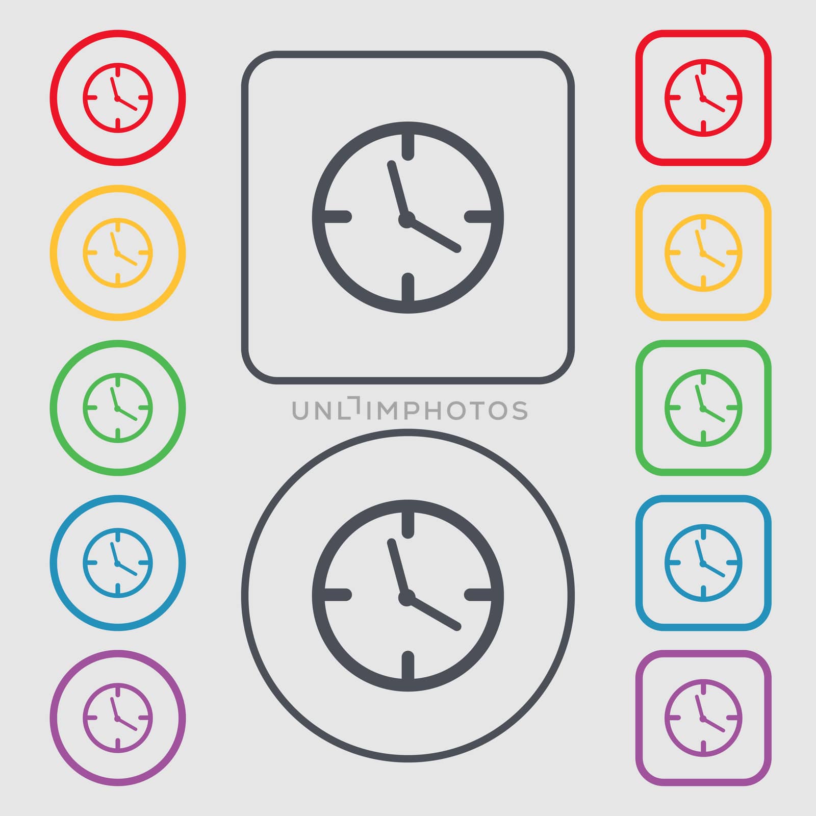 Clock time sign icon. Mechanical watch symbol. Symbols on the Round and square buttons with frame. illustration