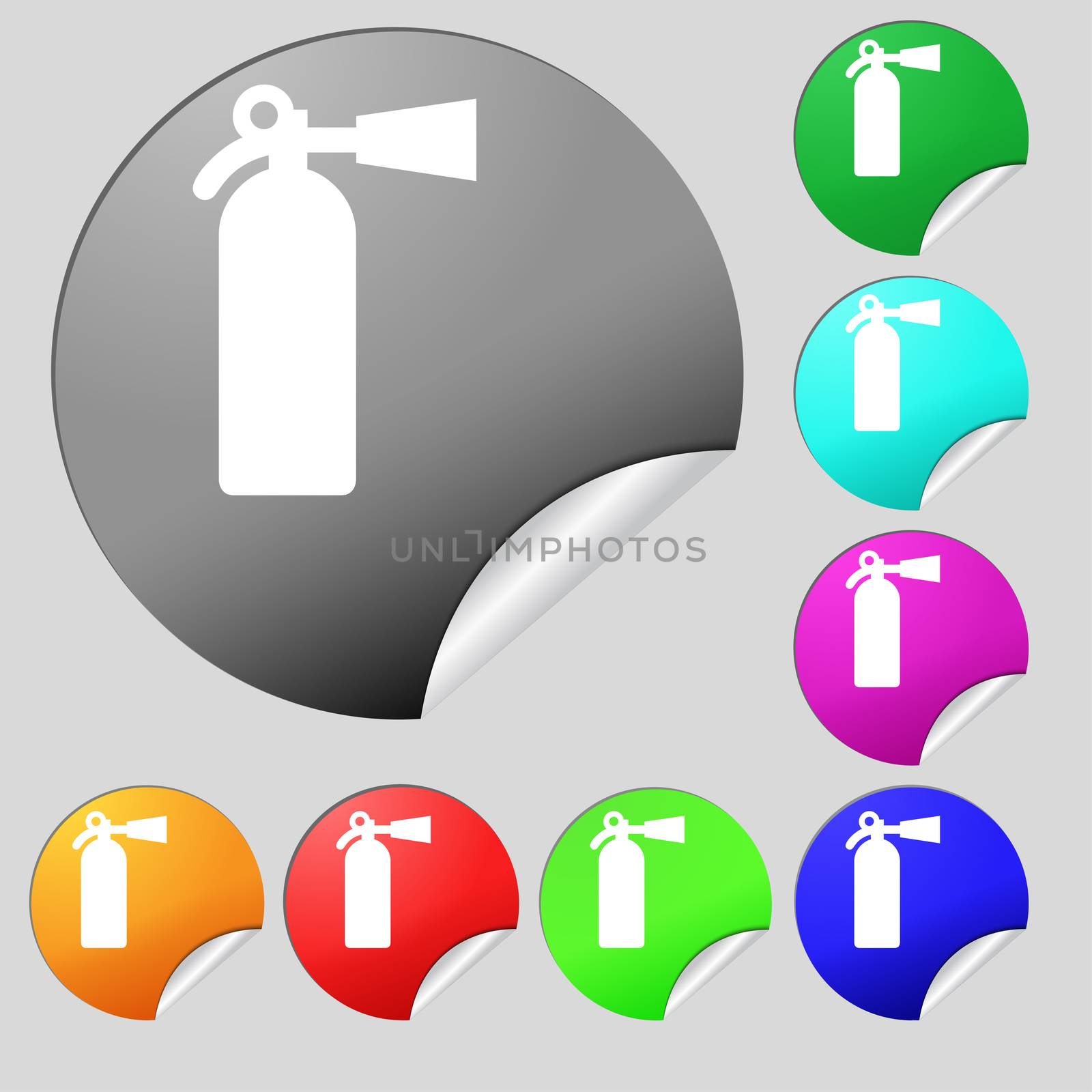 fire extinguisher icon sign. Set of eight multi colored round buttons, stickers. illustration
